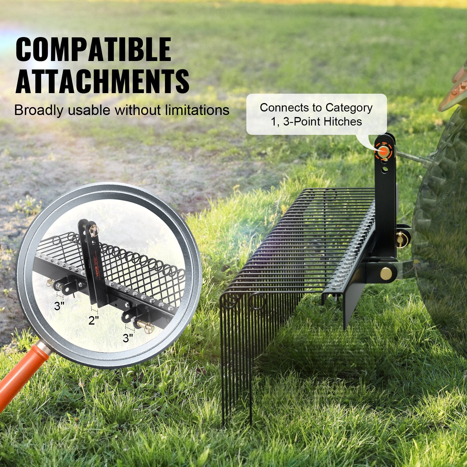 Tow Behind Landscape Rake, 72' Tow Dethatcher With 32 Steel Tines, Lawn Dethatcher Rake Attaches To Category 1, 3 Point Hitch For Tractor, For Leaves, Pine Needles, Straw, And Grass