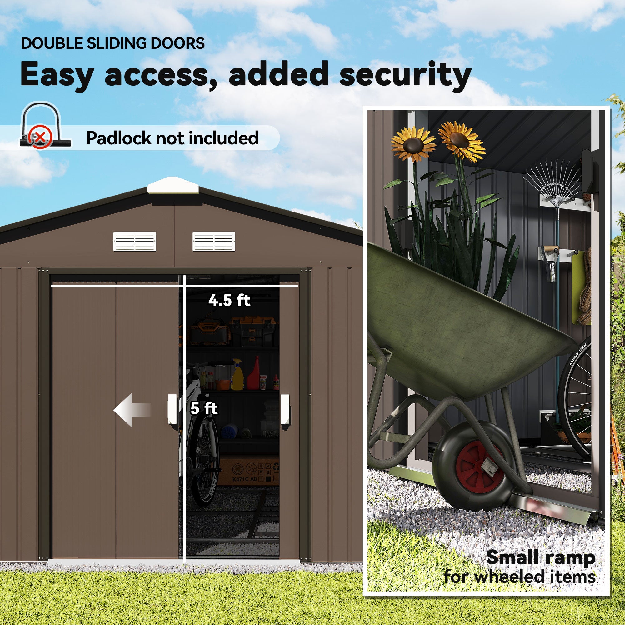 Farm Metal Shed, Storage Shed Utility Storage with Double Locking Doors for Bike, Yard Tools, Brown