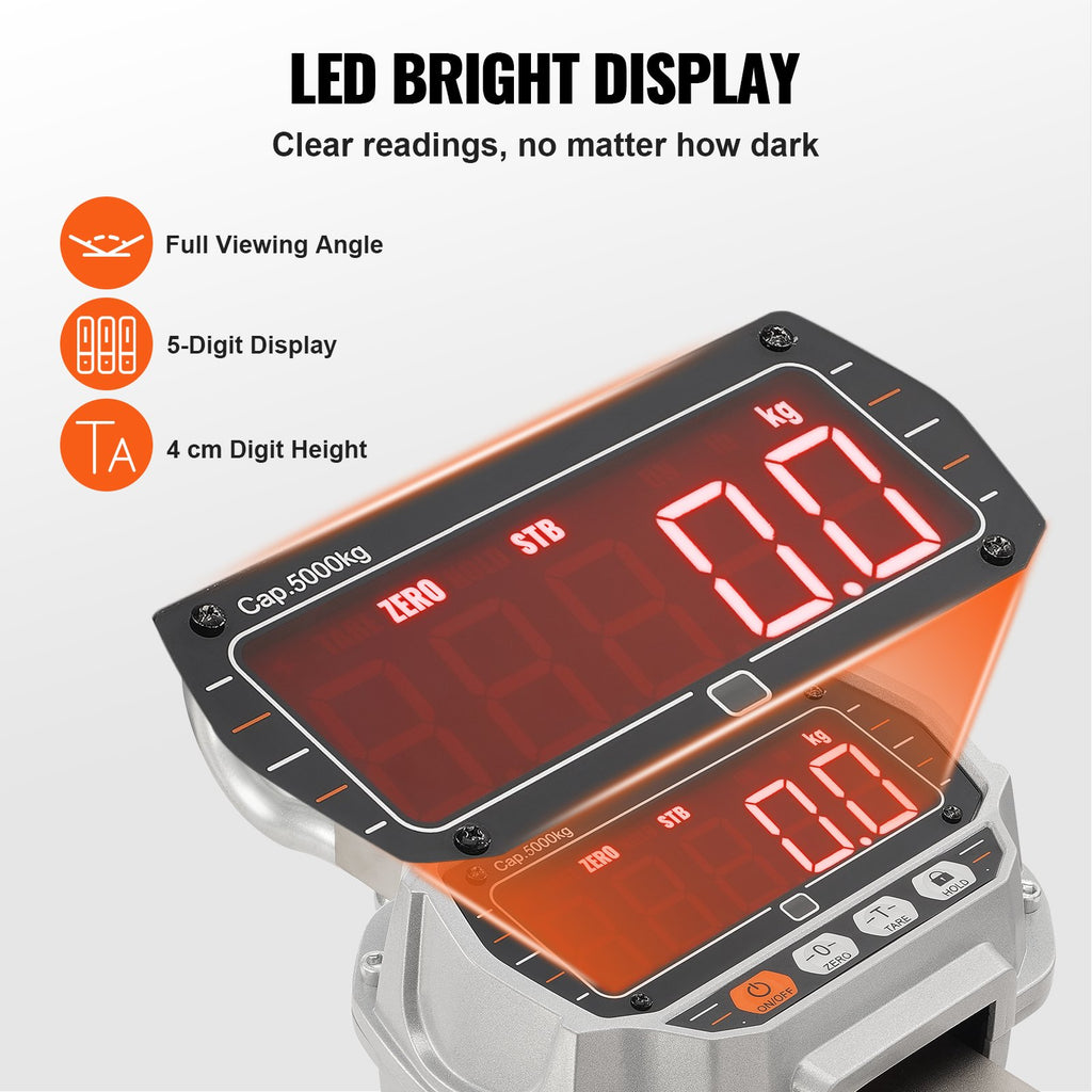 Digital Crane Scale, 11000 Lbs/5000 Kg, Industrial Heavy Duty Hanging Scale With Remote Control, Cast Aluminum Case & LED Screen, High Precision For Construction, Factory, Farm, Hunting (Silver)