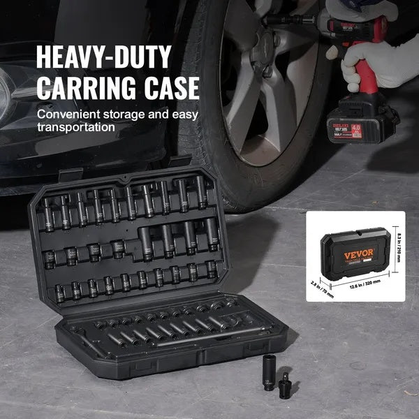 Impact Sockets Set 55pcs 6-Point  Drive Bit Ratchet Tool Kit Case
