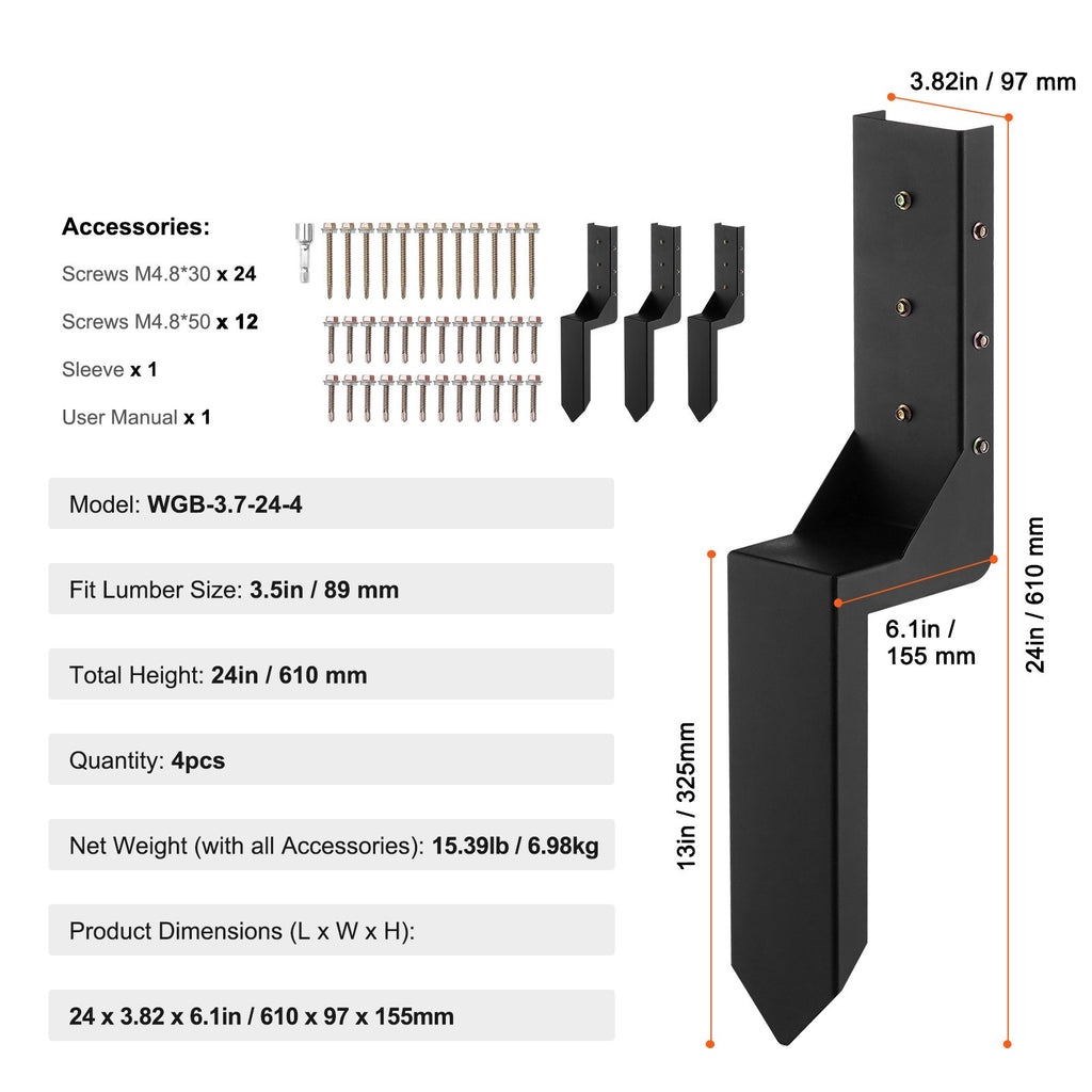 Fence Post Anchor Repair Kit, 4 Pack Inner Diameter 3.5 X3.5 Inches Heavy Duty Steel Fence Post Support Stakes, Anchor Ground Spike For Repair Tilted, Broken Wood Fence Post, Enveloping