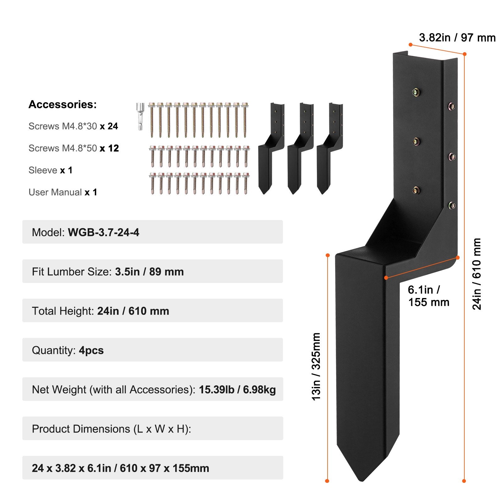 Fence Post Anchor Repair Kit, 4 Pack Inner Diameter 3.5 X3.5 Inches Heavy Duty Steel Fence Post Support Stakes, Anchor Ground Spike For Repair Tilted, Broken Wood Fence Post, Enveloping
