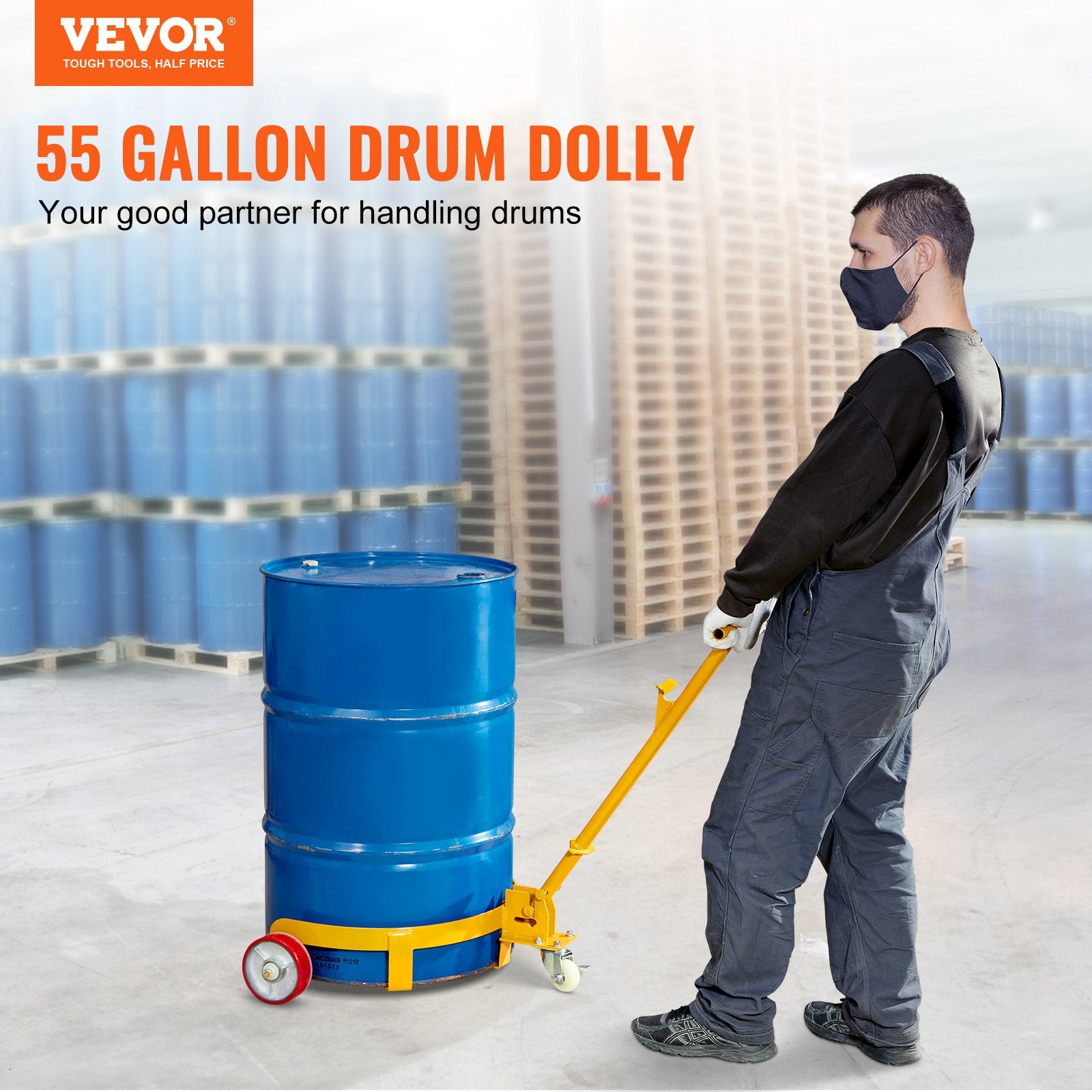 55 Gallon Drum Dolly, 1200 Lbs Load Capacity, Barrel Dolly Cart Drum Caddy Round Dolly Steel Low Profile, Heavy Duty Steel Frame With Adjustable Handle 3 Wheels, For Workshop Factory Warehouse