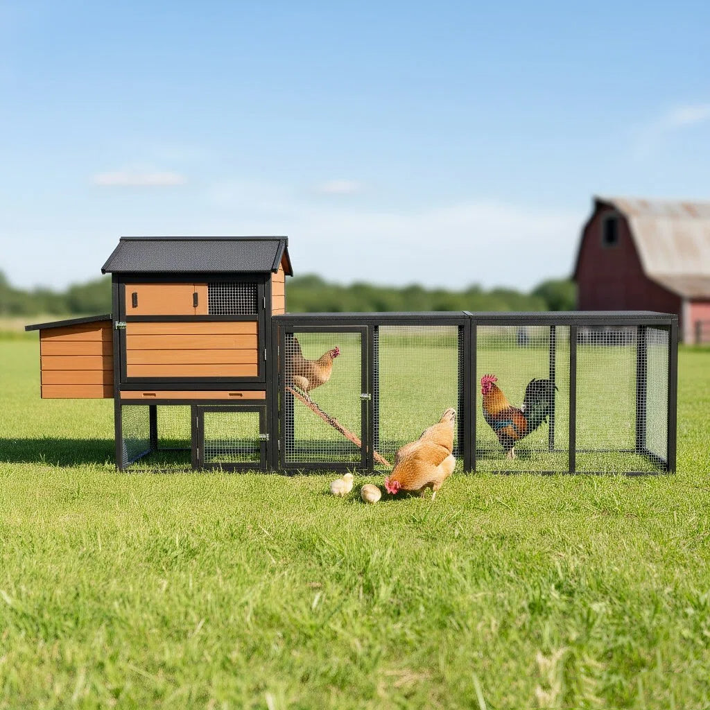 Brown Black Wooden Chicken Coop, Large Outdoor Hen House With Run And Nesting Box Poultry Cage, Rabbit Hutch, Waterproof Anti-UV Panel For Backyard