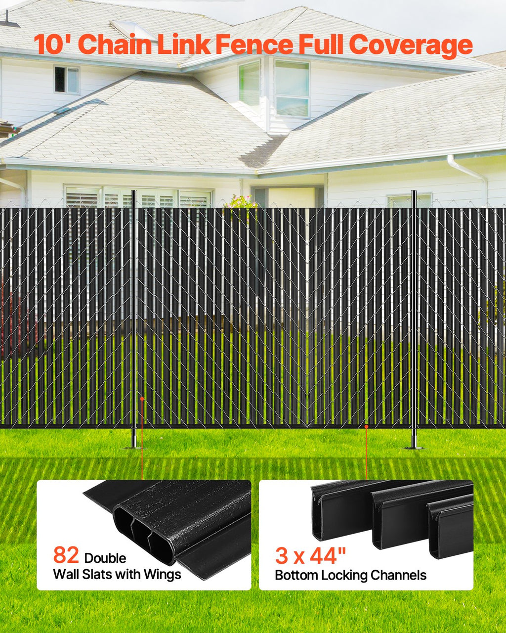 Chain Link Fence Privacy Slats Double-Wall With Wings For 8' High Fence Black