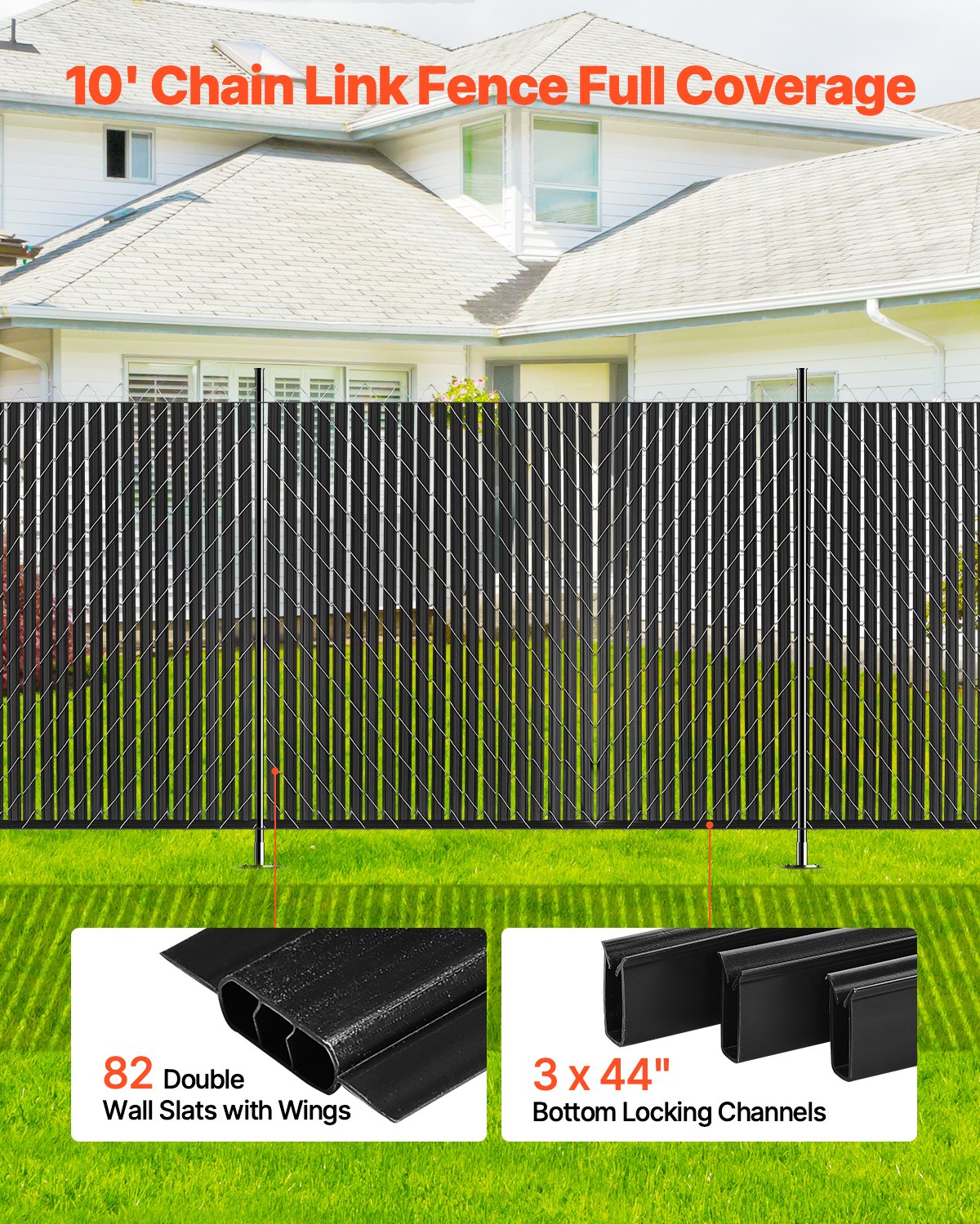 Chain Link Fence Privacy Slats Double-Wall With Wings For 8' High Fence Black