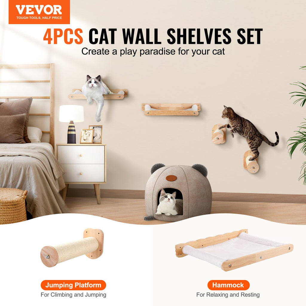 Wall Mounted Cat Shelves With 2 Jumping Posts & 2 Hammocks Up To 40 Lbs