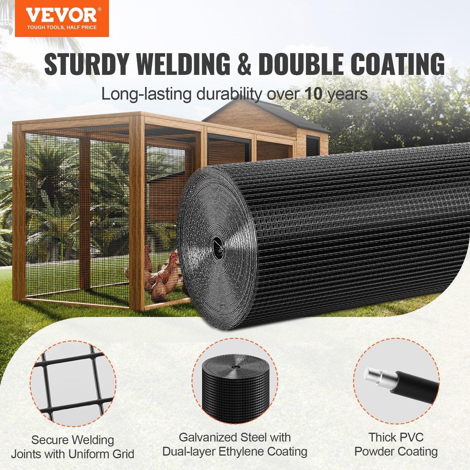 Hardware Cloth, 36'' X 50' Galvanized Wire Mesh Roll, 19 Gauge Chicken Wire Fence Roll, Vinyl Coating Metal Wire Mesh For Chicken Coop Barrier, Rabbit Snake Fences, Poultry Enclosures