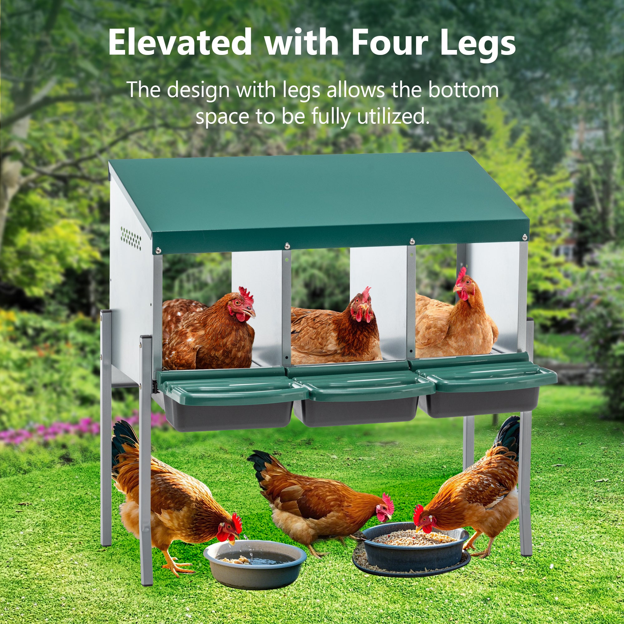 Nesting Boxes For Chickens, 3 Holes Chicken Nesting Boxes With Legs, Chicken Laying Box With Lid Cover, For Outdoor Chicken Coop Farm Yard, Rreen
