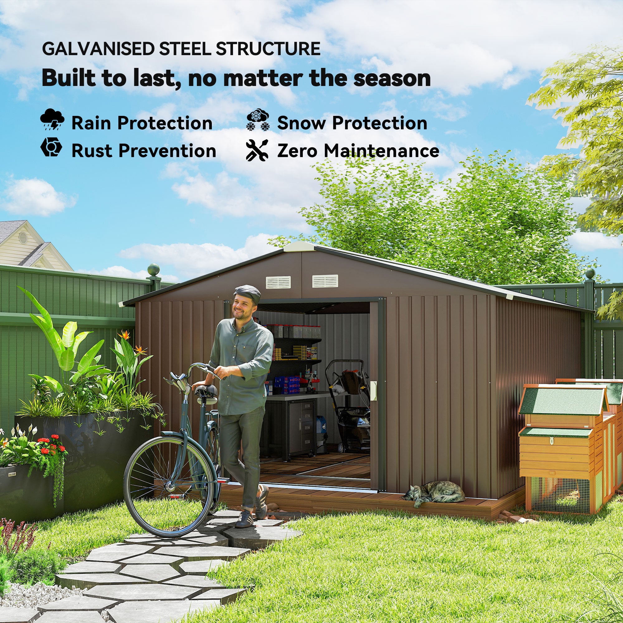 Farm Metal Shed, Storage Shed Utility Storage with Double Locking Doors for Bike, Yard Tools, Brown