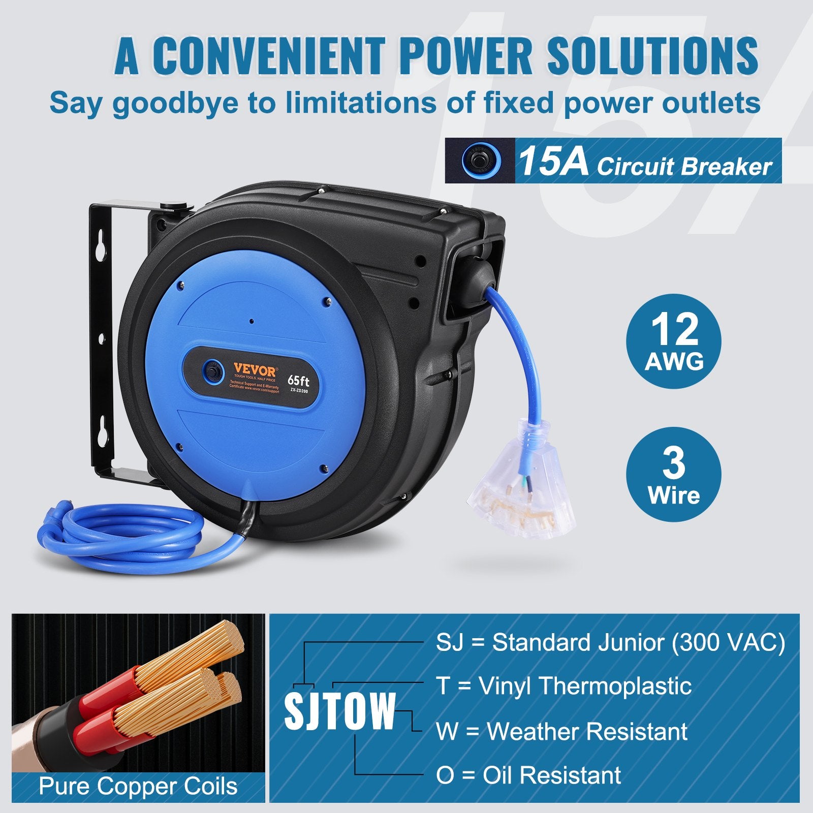 Retractable Extension Cord Reel Power Cord Reel 65FT 12AWG/3C SJTOW