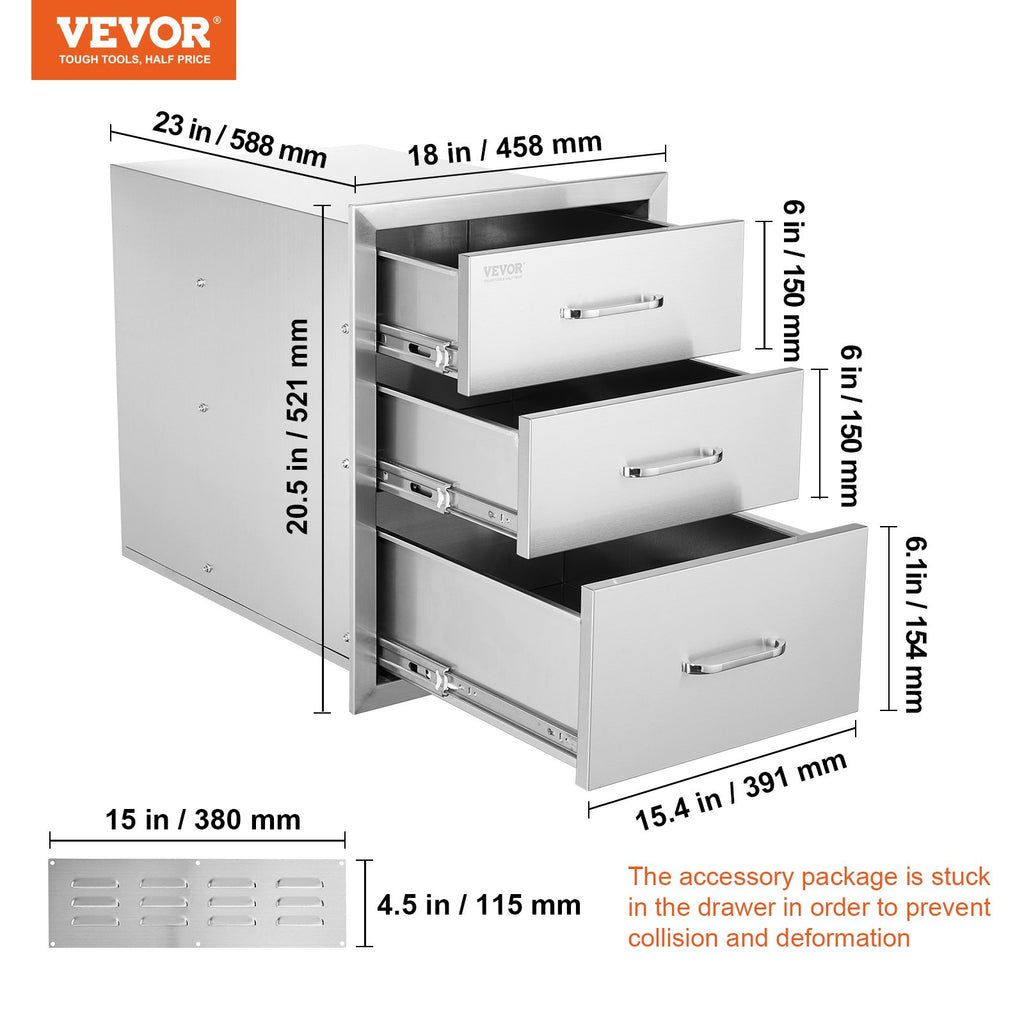 18x20.5 Inch Outdoor Kitchen Stainless Steel Triple Access BBQ Drawers With Chrome Handle, 18 X20.5 X 23 Inch