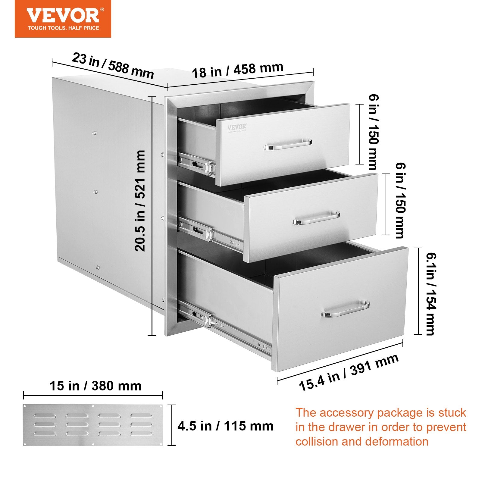 18x20.5 Inch Outdoor Kitchen Stainless Steel Triple Access BBQ Drawers With Chrome Handle, 18 X20.5 X 23 Inch