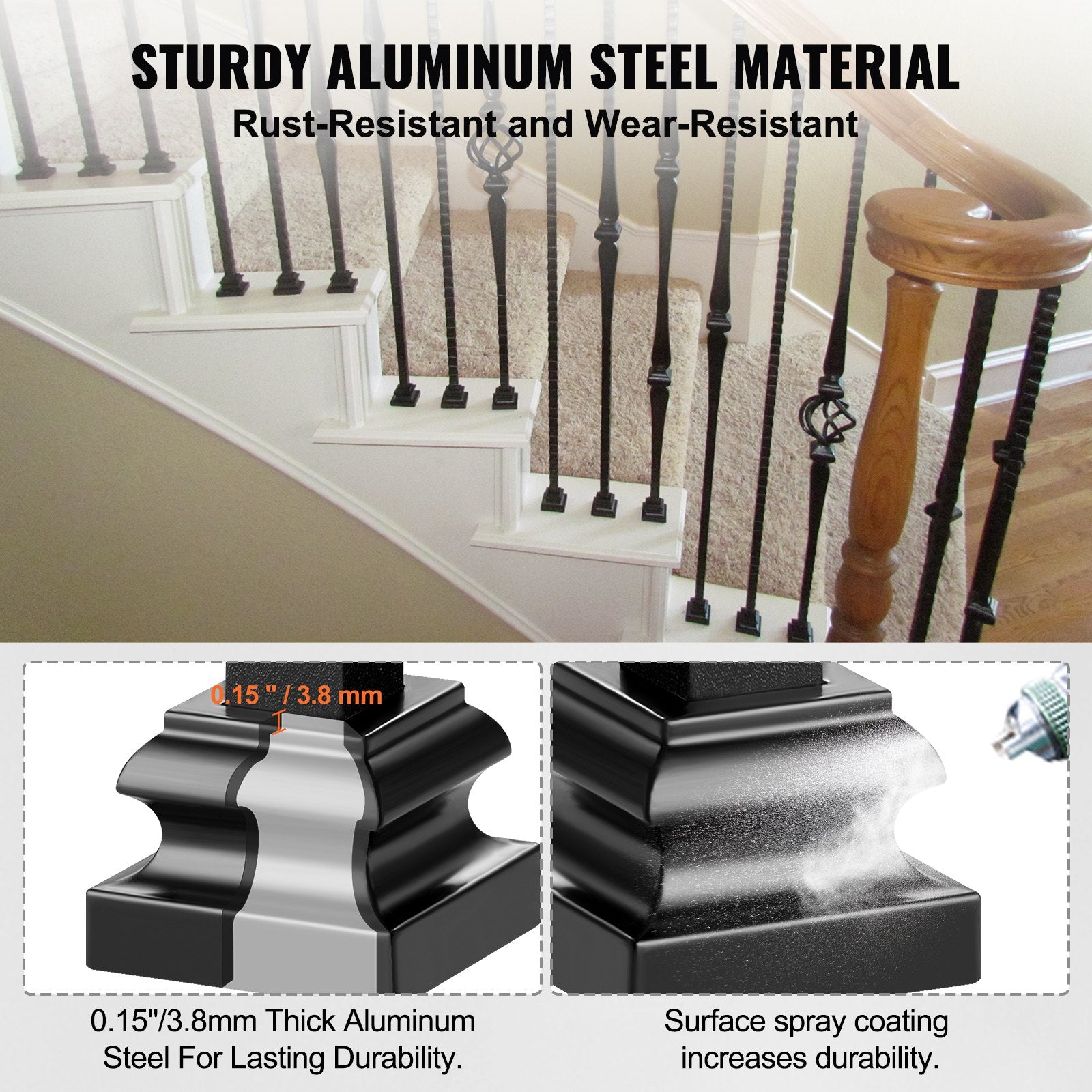 Aluminum Alloy Baluster Shoes Stair Flat Shoe With Screw Holes For Square Scroll Basket Twist Knuckle Staircase Balusters Metal Spindle Railing, Satin Black 50 Pcs