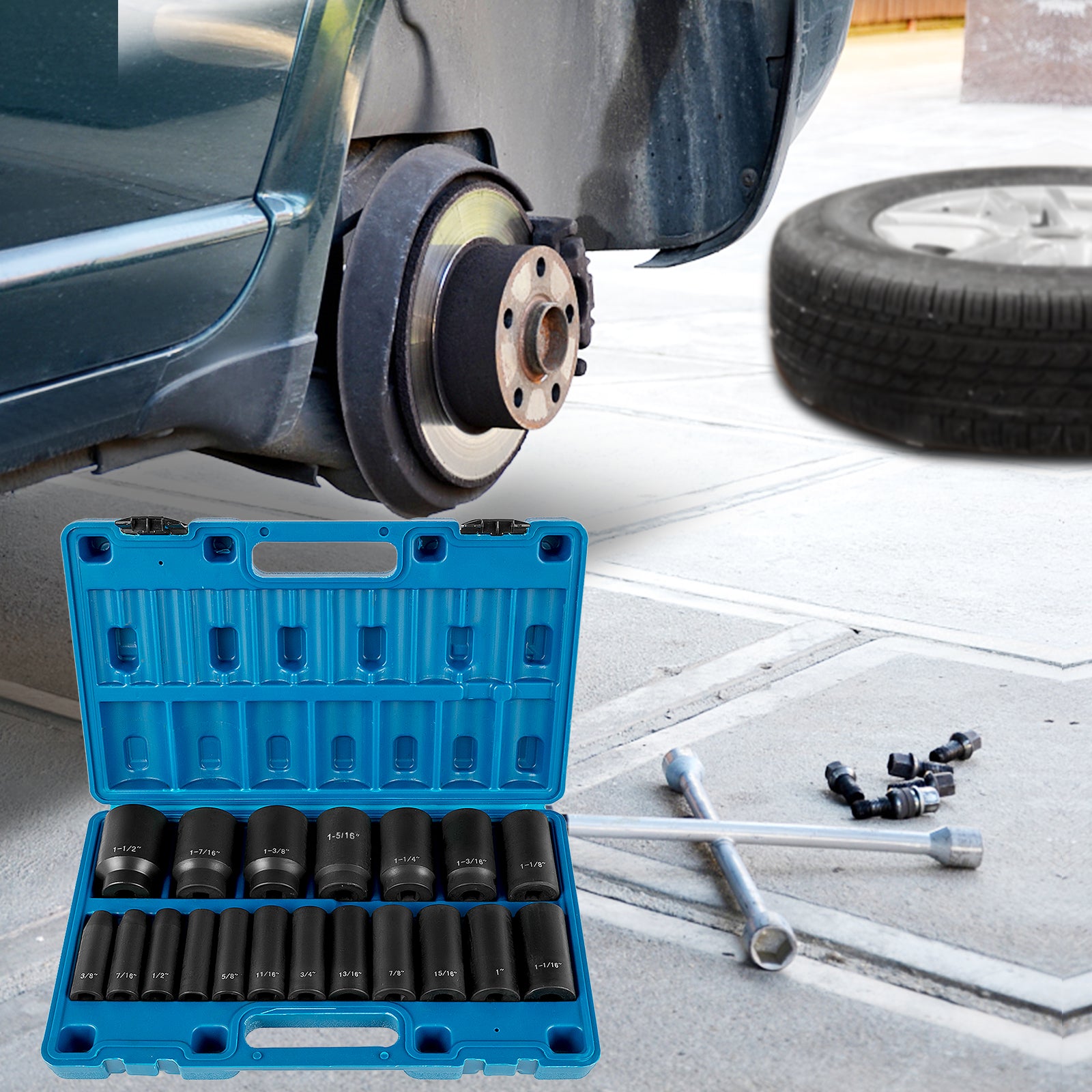 Impact Socket Set 19 Piece Impact Sockets, Deep Socket, 6-Point Sockets, Rugged Construction, Cr-V, With A Storage Cage