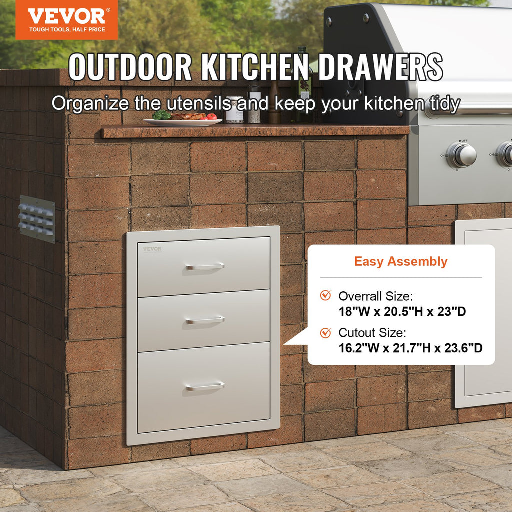18x20.5 Inch Outdoor Kitchen Stainless Steel Triple Access BBQ Drawers With Chrome Handle, 18 X20.5 X 23 Inch