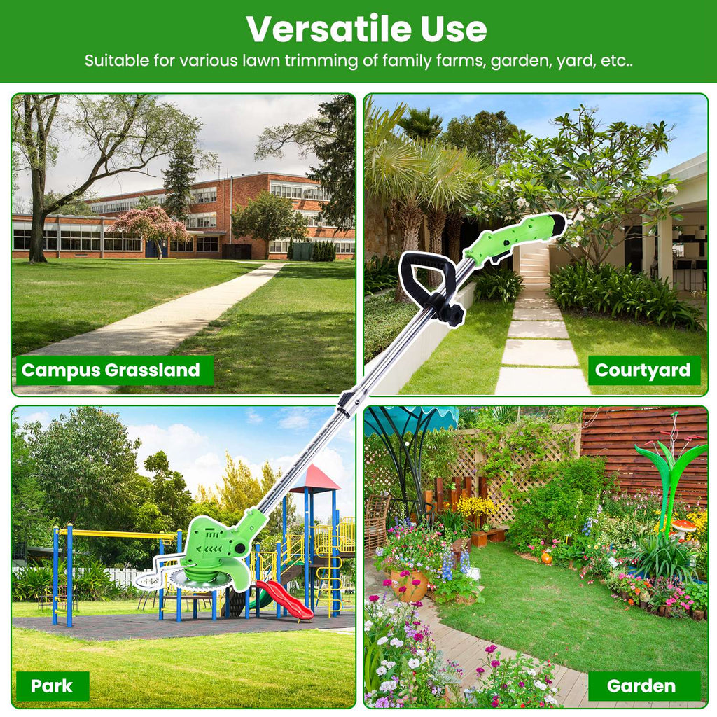 12V 200W Cordless Grass Trimmer Rechargeable Lawn Mower 9000M Per Min Weed Cutter With Saw Blade 2 Stainless Steel Blades 10 Plastic Blades 2 Rechargeable Batteries Goggles Gloves