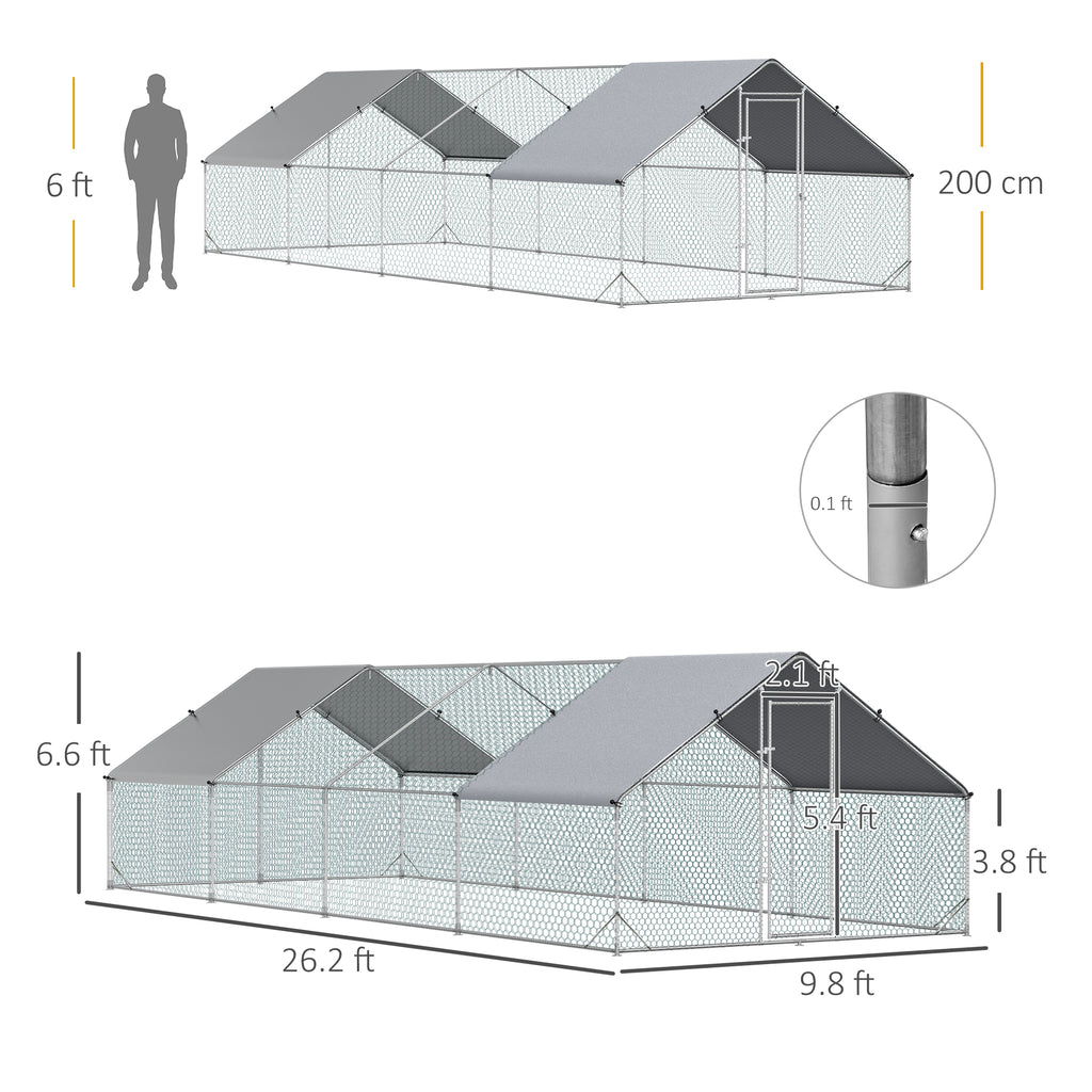 Metal Chicken Run 9.8' x 26.2' x 6.6' with Waterproof and Anti-UV Cover for Outdoor and Yard Farm Use