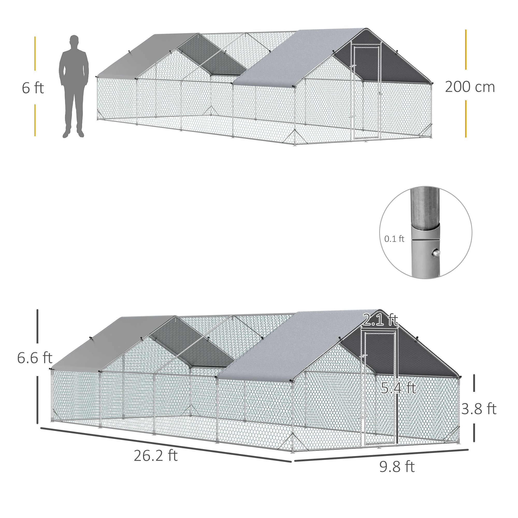 Metal Chicken Run 9.8' x 26.2' x 6.6' with Waterproof and Anti-UV Cover for Outdoor and Yard Farm Use