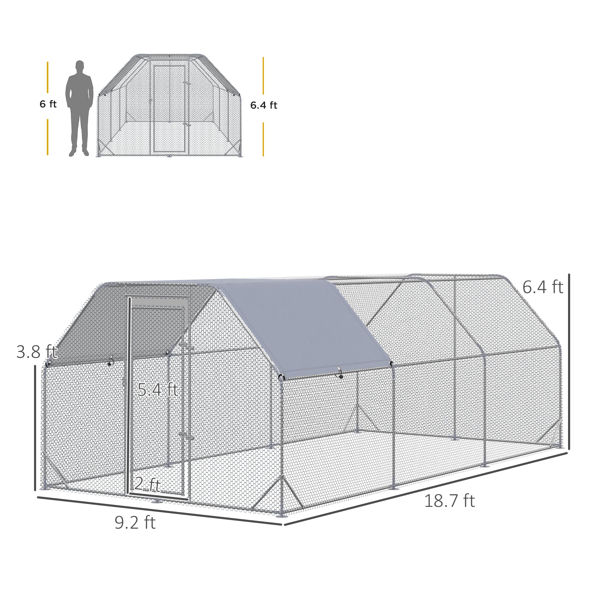 PawHut Large Chicken Coop Metal Chicken Run With Waterproof And Anti-UV Cover, Flat Shaped Walk In Fence Cage Hen House For Outdoor And Yard Farm Use, 1 Tube Diameter, 9.2 X 18.7 X 6.4
