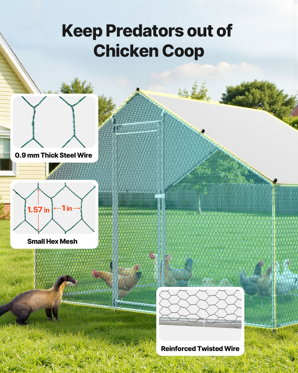 Metal Chicken Coop, 9.8x6.5x6.5ft Large Walk-in Chicken Runs With Cover, Spire Roof Hen House Enclosure With Security Lock, Outdoor Duck Rabbit Cage Poultry Pen For Backyard, Farm, Yard