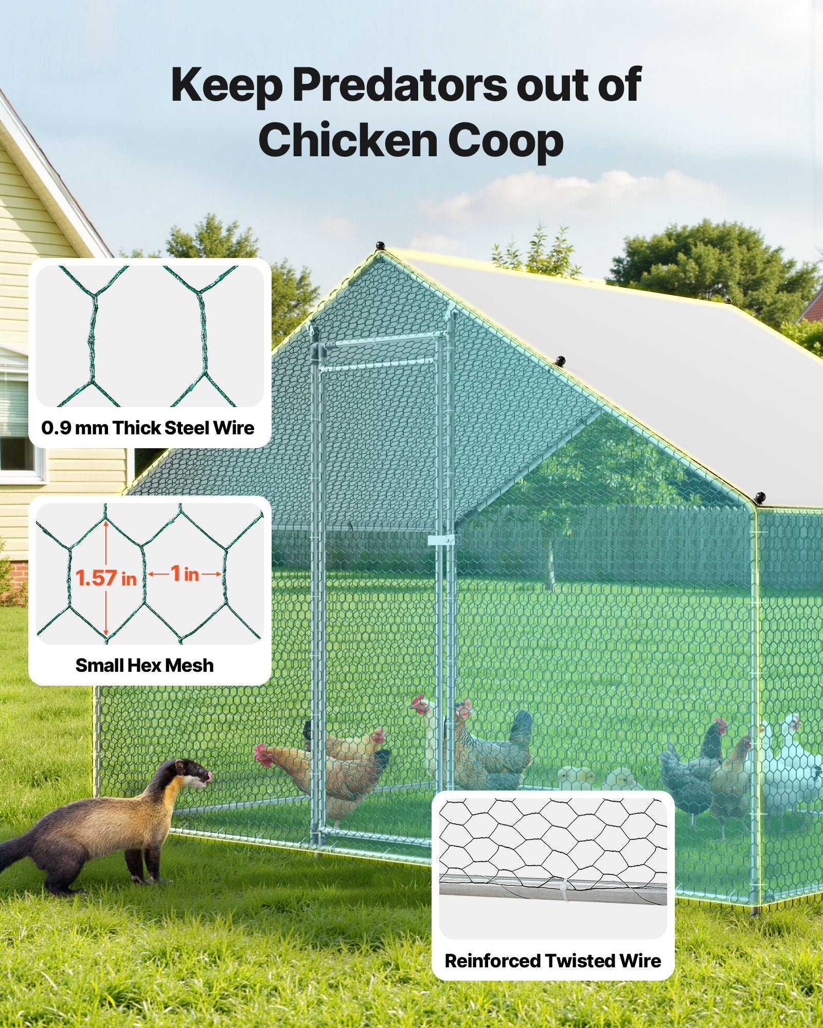 Metal Chicken Coop, 9.8x6.5x6.5ft Large Walk-in Chicken Runs With Cover, Spire Roof Hen House Enclosure With Security Lock, Outdoor Duck Rabbit Cage Poultry Pen For Backyard, Farm, Yard
