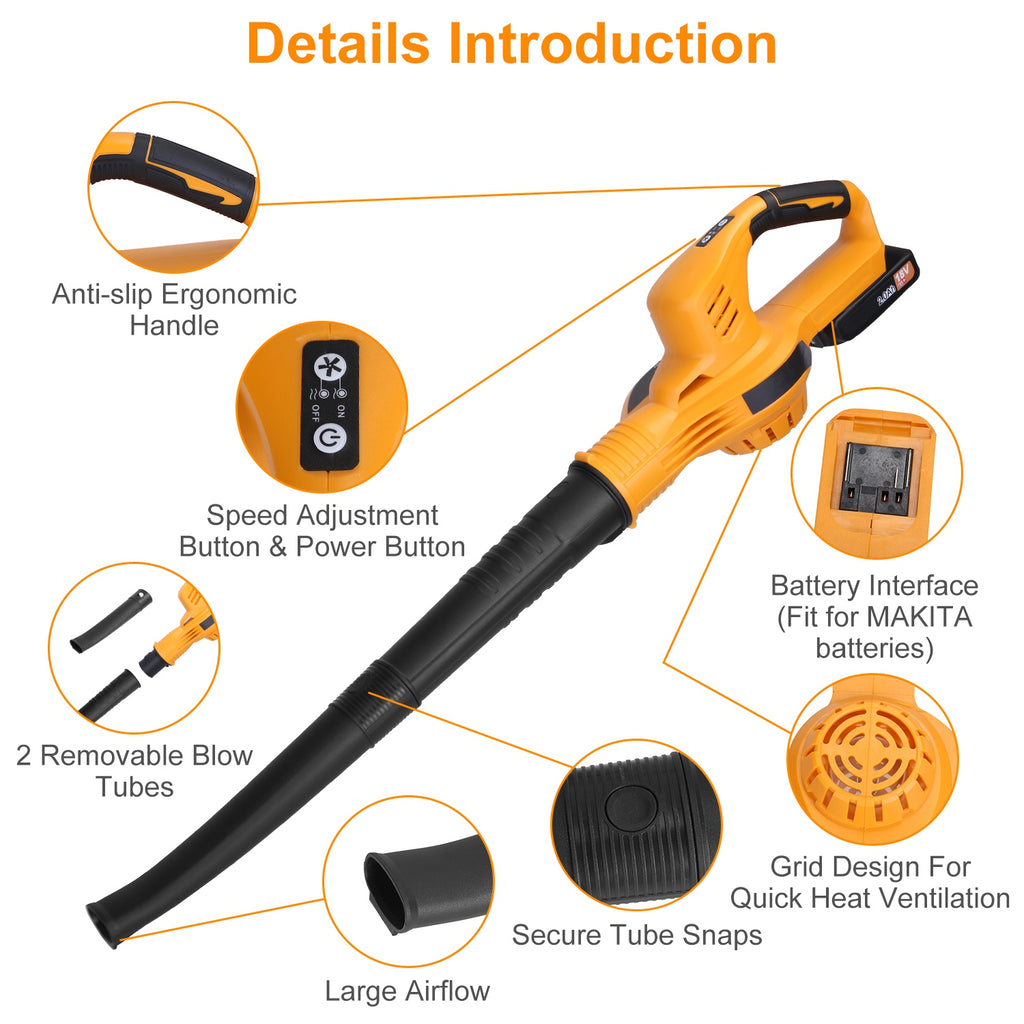 1Pc Cordless Leaf Blower Handheld Electric Battery Powered Air Blower Max 124MPH 300CFM With 2 Adjustable Speeds 2Pcs 18V 2000mA Battery And Charger For Yard Patio