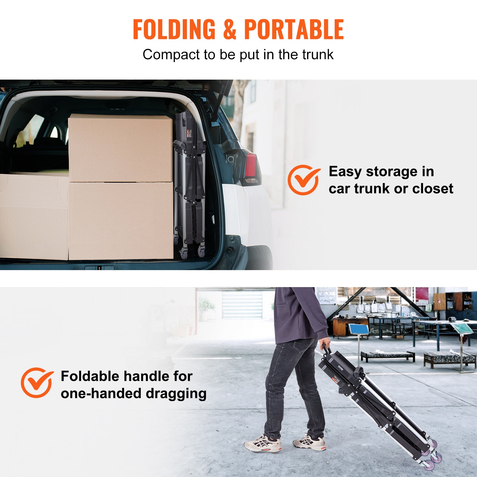 Foldable Utility Service Cart, 3 Shelf 165LBS Heavy Duty Plastic Rolling Cart With Lockable Wheels, Ergonomic Handle, Portable Garage Tool Cart