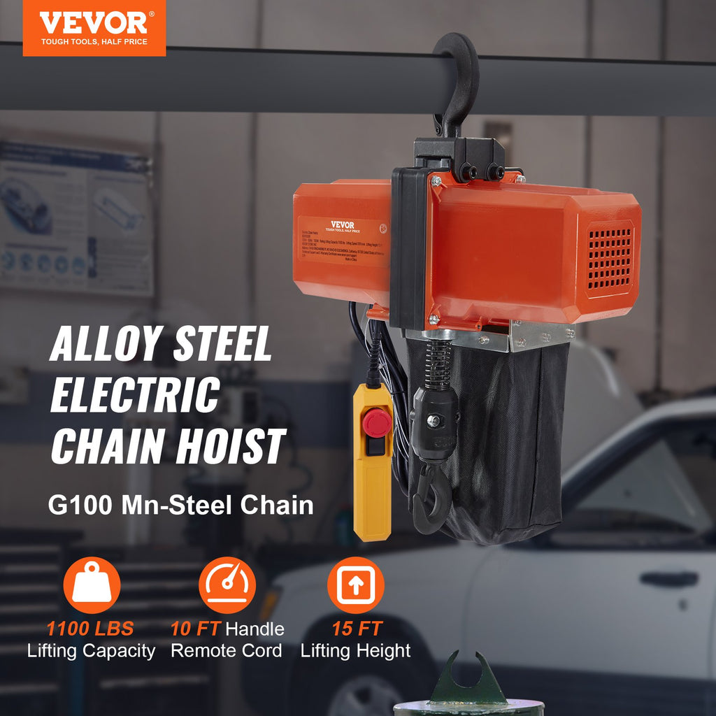 1100 Lbs Electric Chain Hoist 15 FT Lifting Height, 120V Electric Hoist, Single Phase Overhead Crane With G100 Chain, 10 Ft Wired Remote Control For Garage, Shop, Hotel, Home