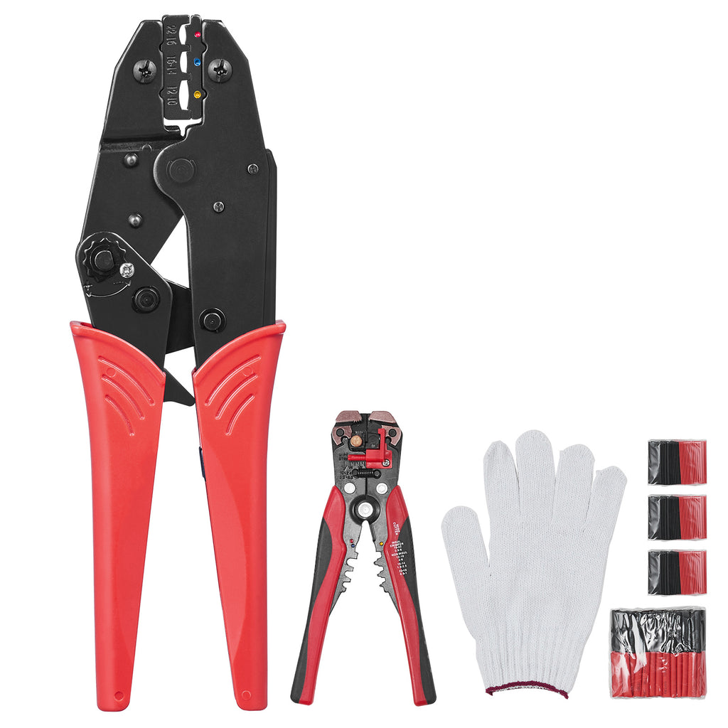 Ratcheting Crimping Tool Set For Insulated Electrical Connectors AWG22-10 With Wire Stripper And 210pcs Heat Shrink Tubes Labor-Saving Ratcheting Wire Crimp Pliers