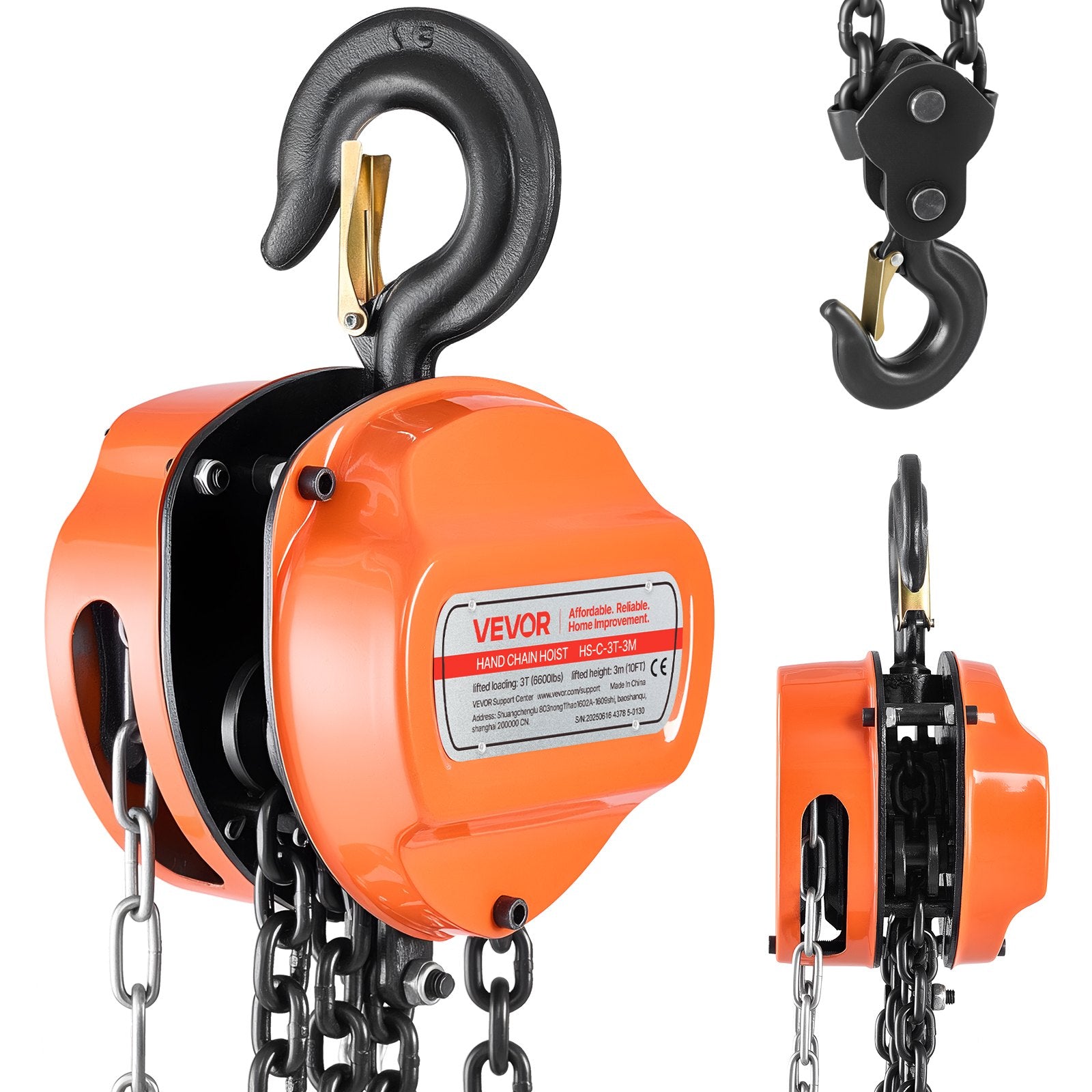 Hand Chain Hoist 6600 Lbs Capacity 10 Ft Manual Chain Block With G80 Chain