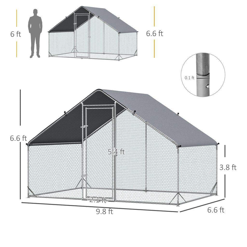 Large Chicken Coop Metal Chicken Run With Waterproof And Anti-UV Cover, Spire Shaped Walk In Fence Cage Hen House For Outdoor And Yard Farm Use, 1" Tube Diameter, 9.8' X 6.6' X 6.6'