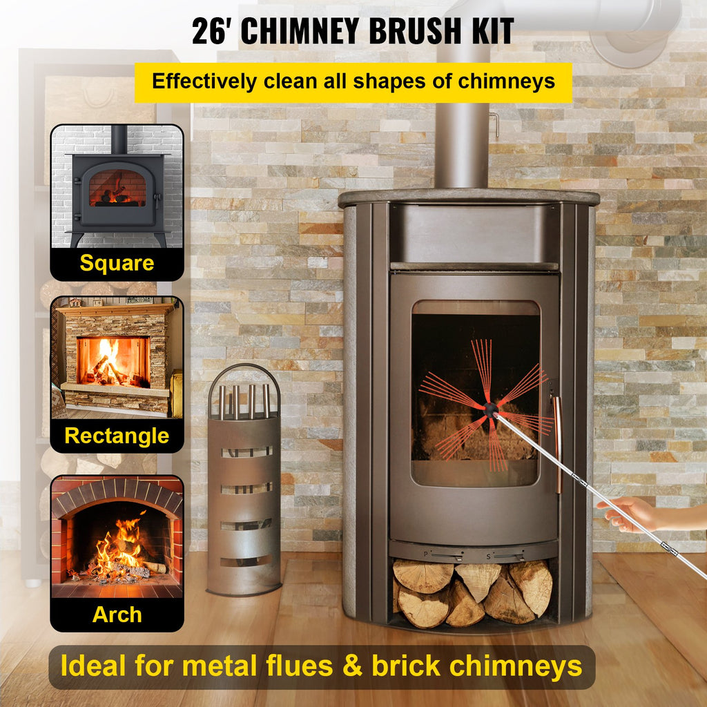 Chimney Sweep Kit 26FT Length, Chimney Cleaning Tool Kits With 8 Nylon Flexible Rods, Chimney Brush Kit Driven By Drill For Sweeping Fireplace