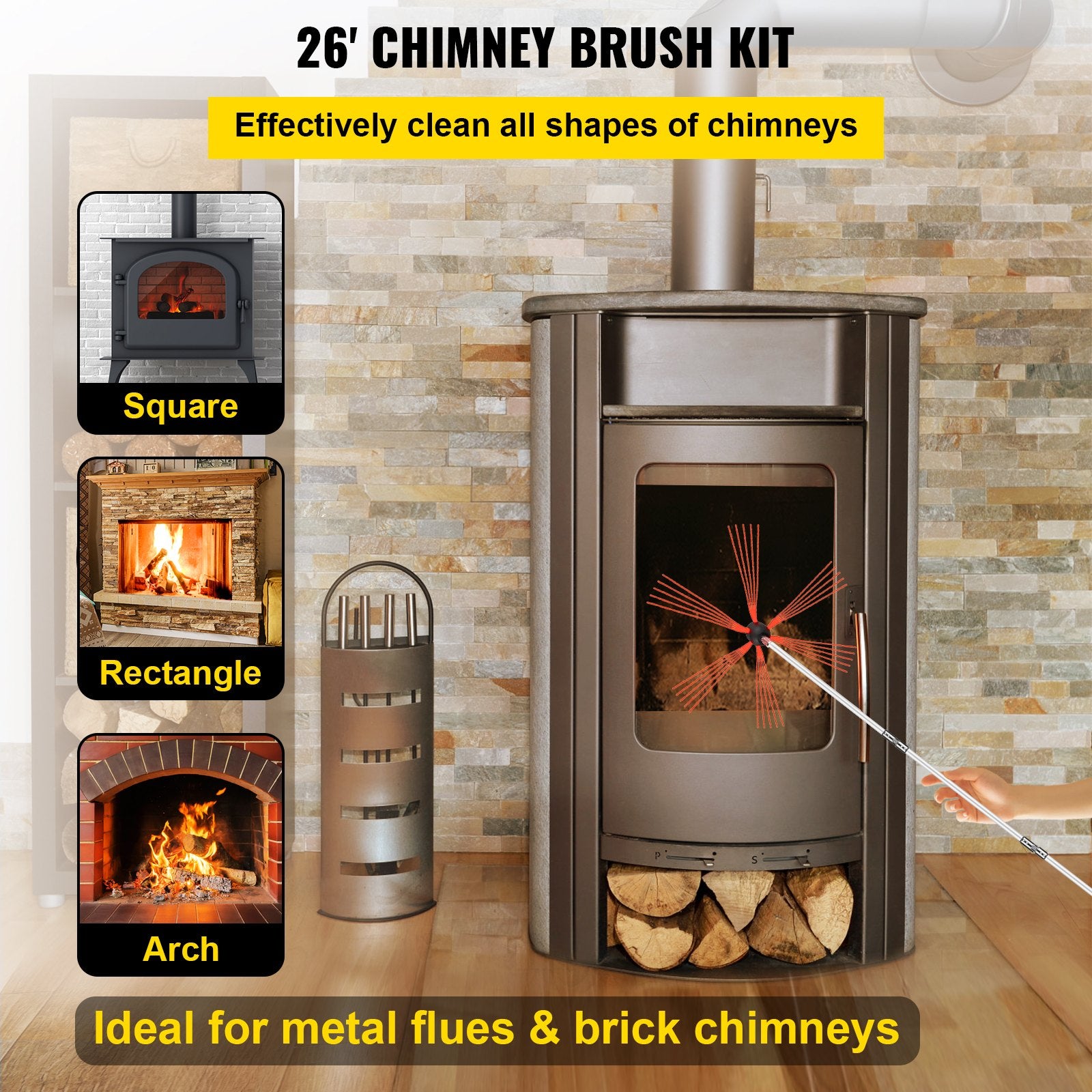 Chimney Sweep Kit 26FT Length, Chimney Cleaning Tool Kits With 8 Nylon Flexible Rods, Chimney Brush Kit Driven By Drill For Sweeping Fireplace