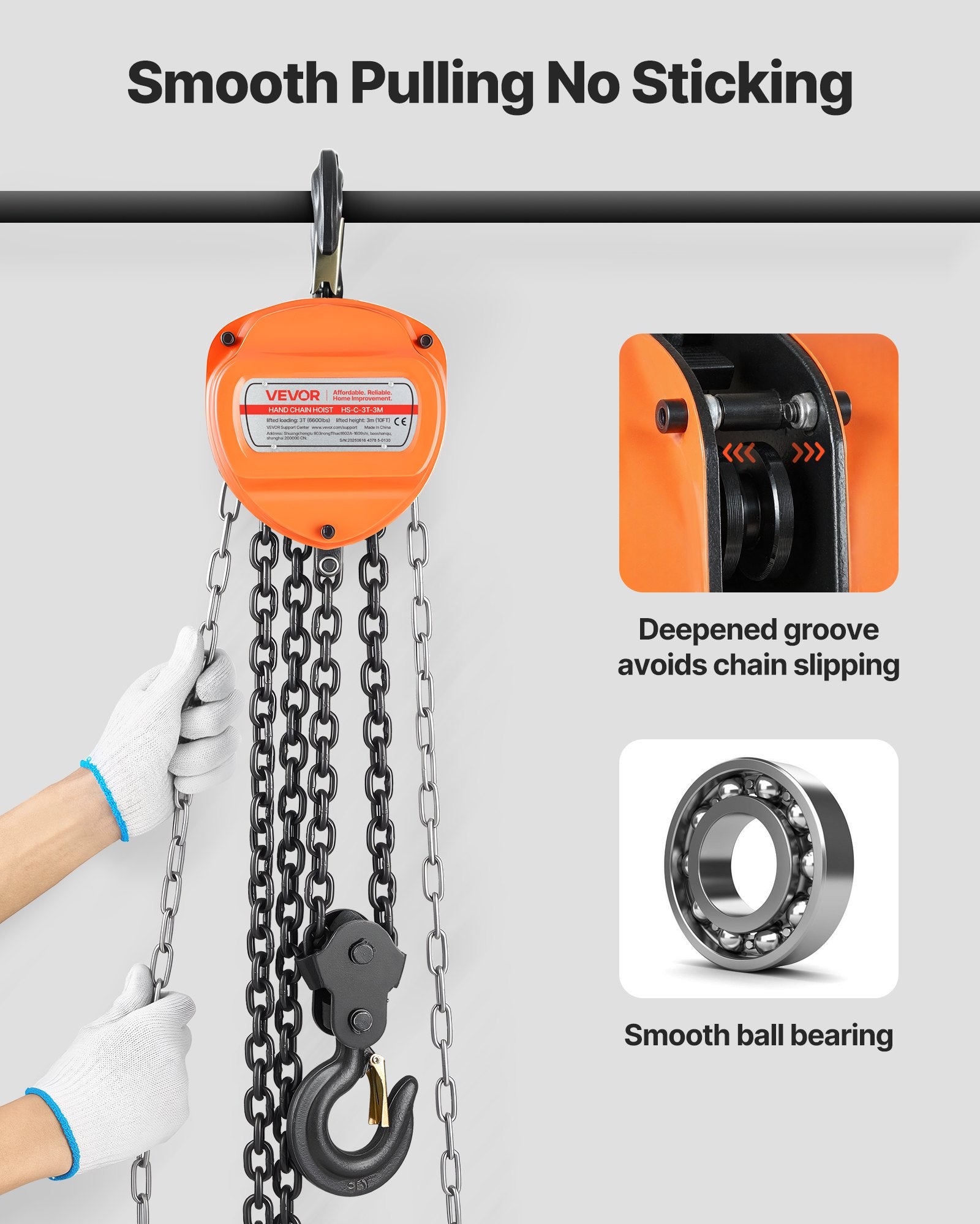Hand Chain Hoist 6600 Lbs Capacity 10 Ft Manual Chain Block With G80 Chain