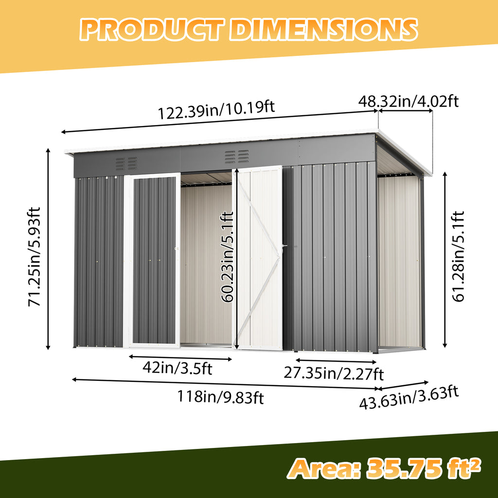 10'x4' Outdoor Metal Storage Shed For Garden Tools Lockable Door With Floor Frame