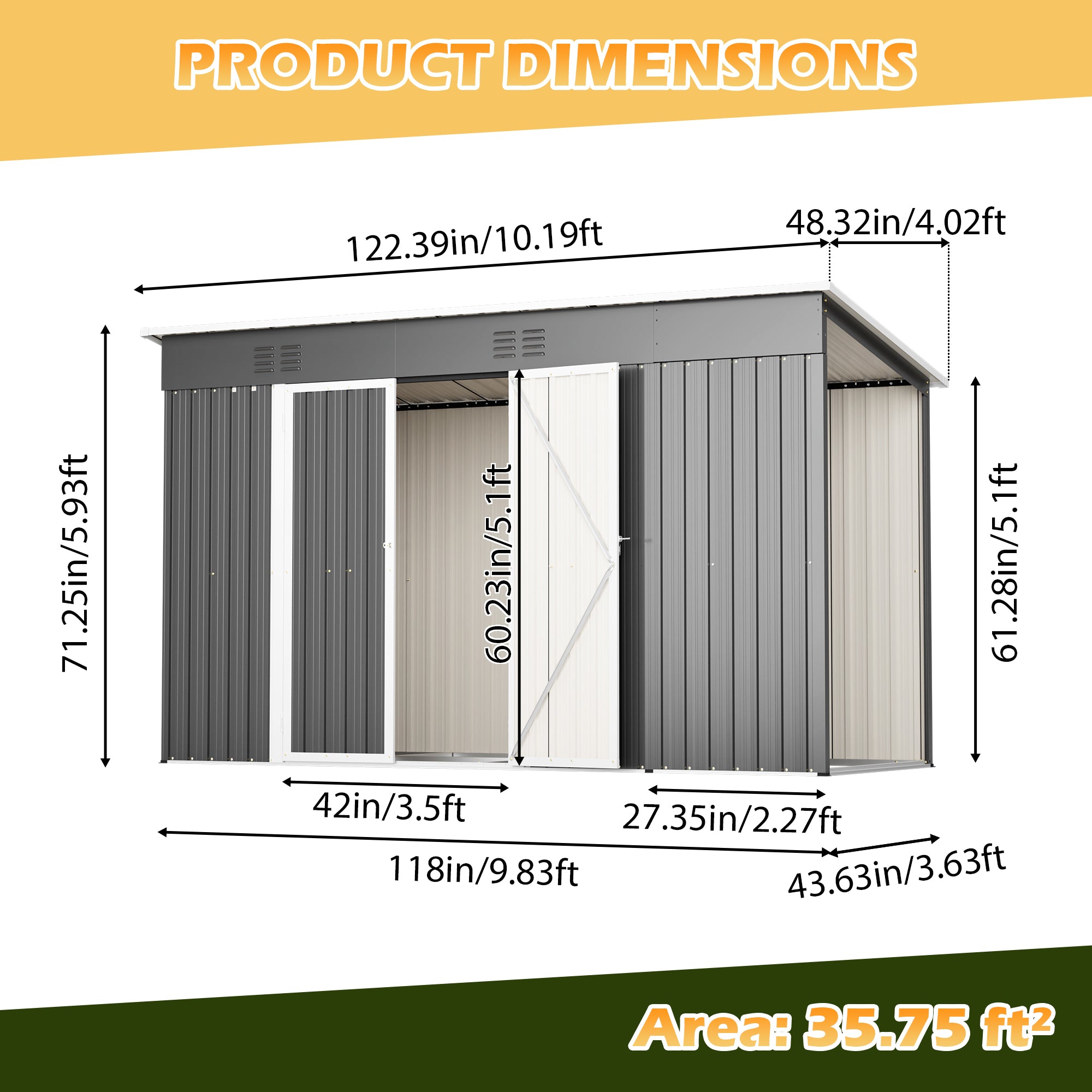 10'x4' Outdoor Metal Storage Shed For Garden Tools Lockable Door With Floor Frame