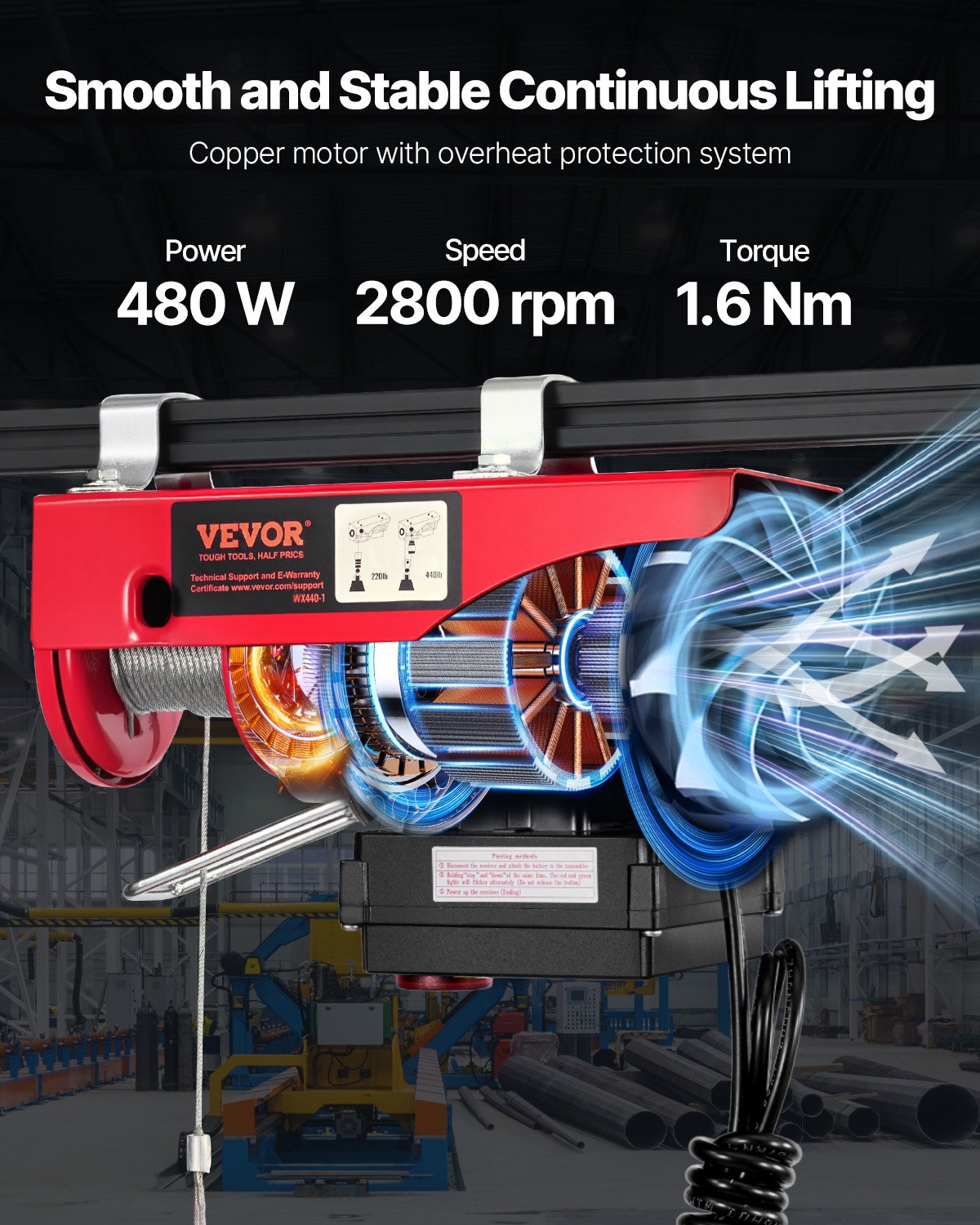 Wireless Electric Hoist, 440 Lbs 110V Electric Steel Wire Winch With Wireless Remote Control, 40ft Single Cable Lifting Height & Pure Copper Motor, For Garage Warehouse Factory
