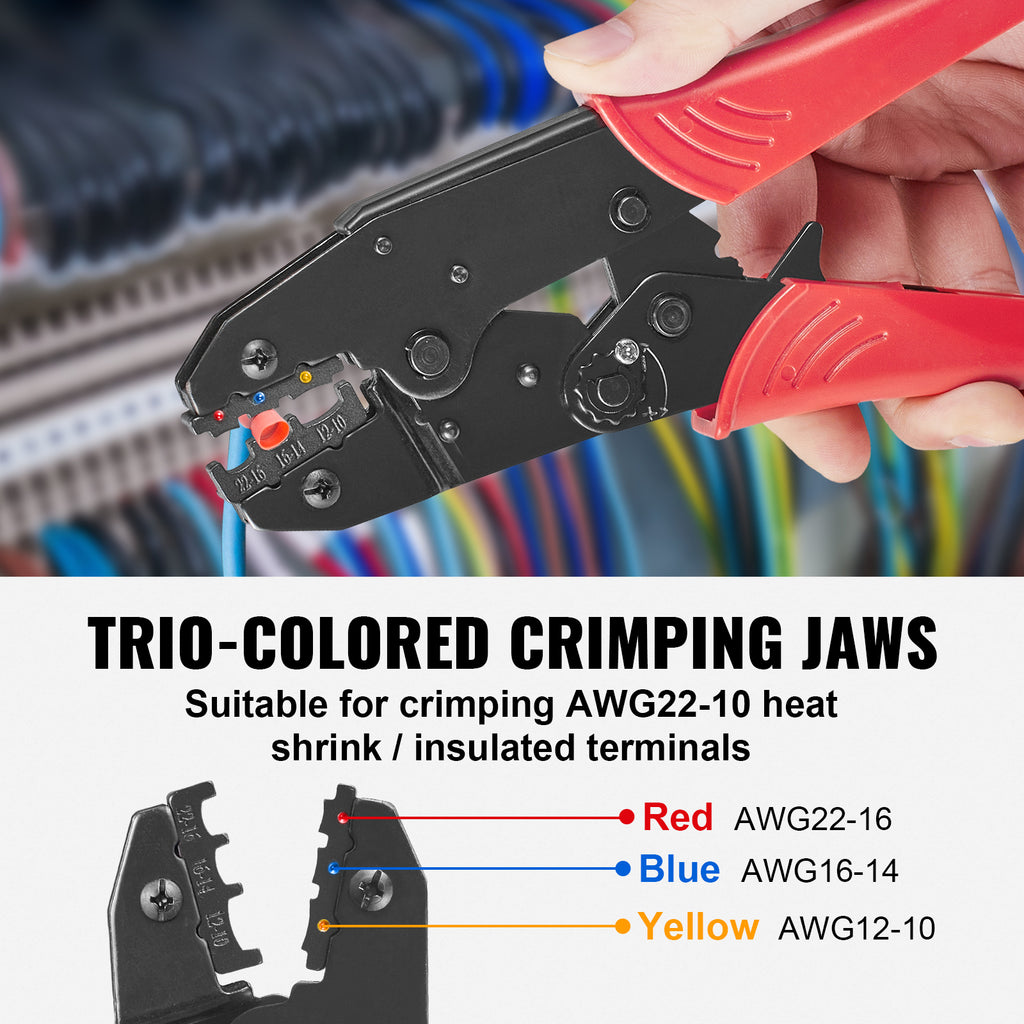 Ratcheting Crimping Tool Set For Insulated Electrical Connectors AWG22-10 With Wire Stripper And 210pcs Heat Shrink Tubes Labor-Saving Ratcheting Wire Crimp Pliers