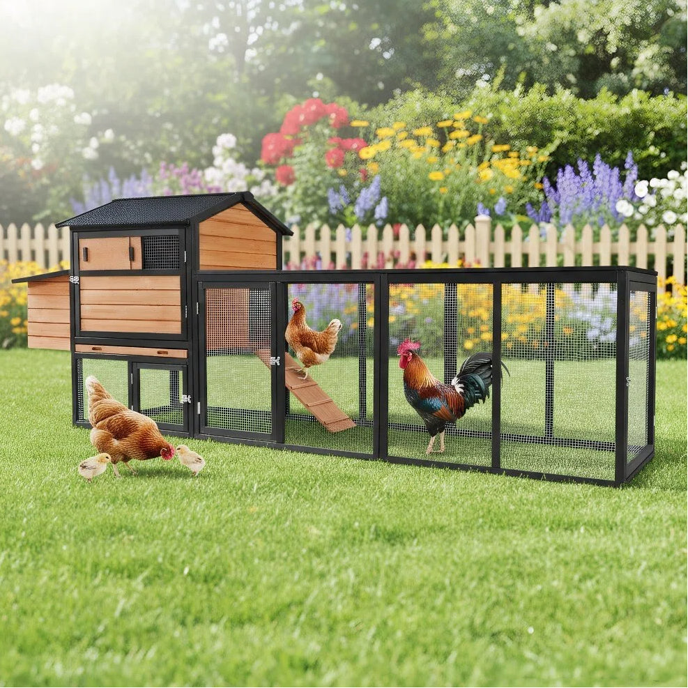 Brown Black Wooden Chicken Coop, Large Outdoor Hen House With Run And Nesting Box Poultry Cage, Rabbit Hutch, Waterproof Anti-UV Panel For Backyard
