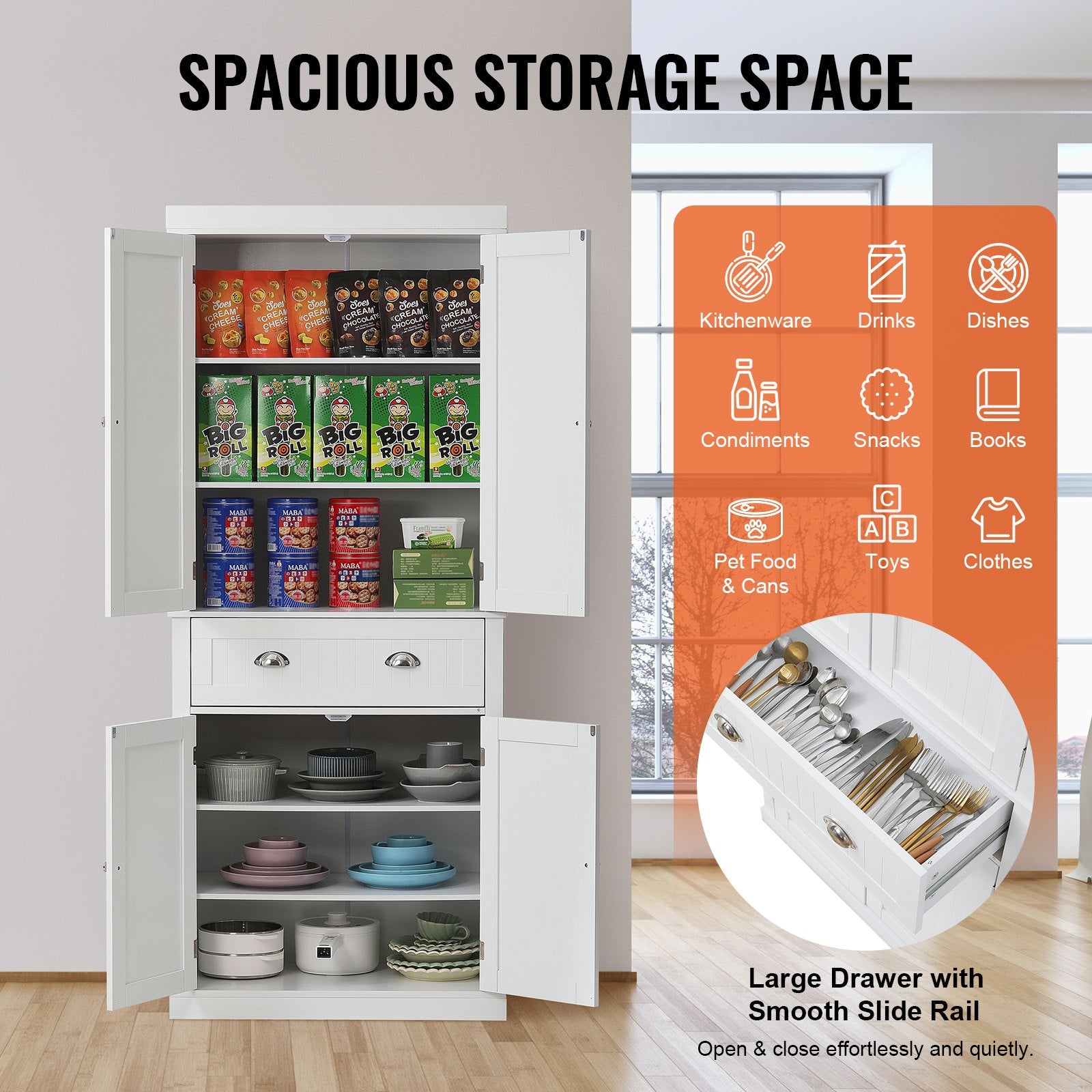 Kitchen Pantry Storage Cabinet, Freestanding Utility Cabinets With Doors, Drawer And 3 Adjustable Shelves, Tall Food Buffet Pantries For Kitchen, Living Room, Dinning Room, Laundry, White