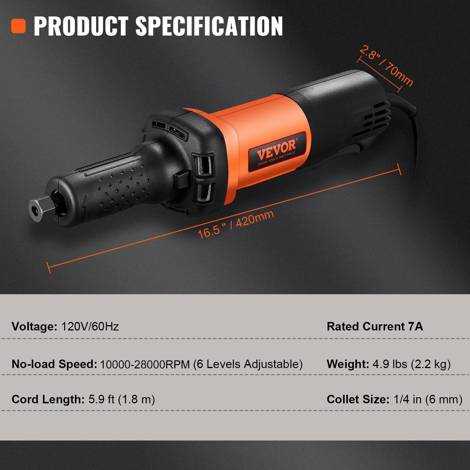 Die Grinder, Collet Variable Speed10000-28000RPM, Heavy Duty Electric, Ergonomic Grip For Rust Removal, Grinding, Cutting, Polishing, Welding Repair, Deburring,