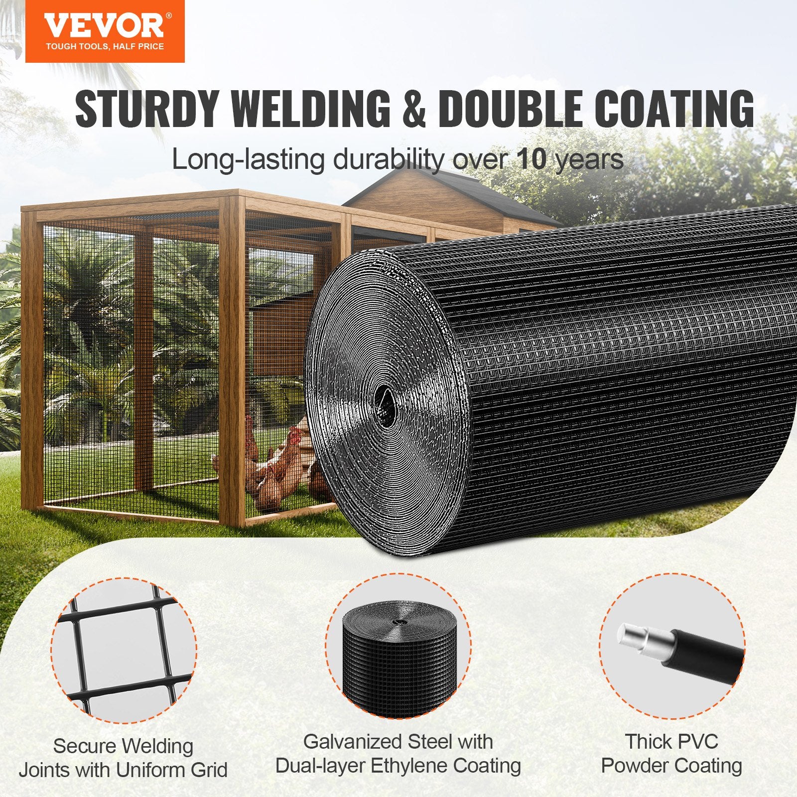 Hardware Cloth, 24'' X 100' Galvanized Wire Mesh Roll, 19 Gauge Chicken Wire Fence Roll, Vinyl Coating Metal Wire Mesh For Chicken Coop Barrier, Rabbit Snake Fences, Poultry Enclosures