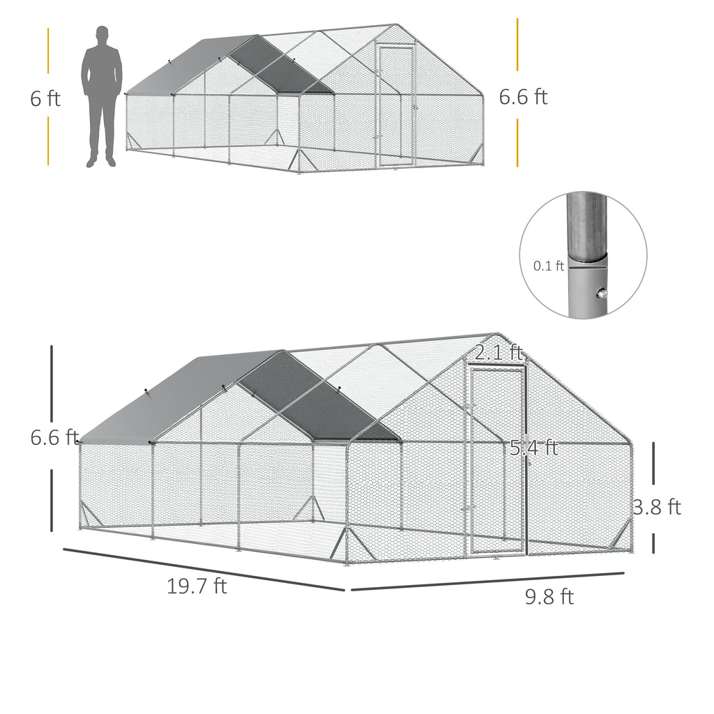 PawHut Large Chicken Coop Metal Chicken Run With Waterproof And Anti-UV Cover, Spire Shaped Walk In Fence Cage Hen House For Outdoor And Yard Farm Use, 1 Tube Diameter, 9.8 X 19.7'X 6.6