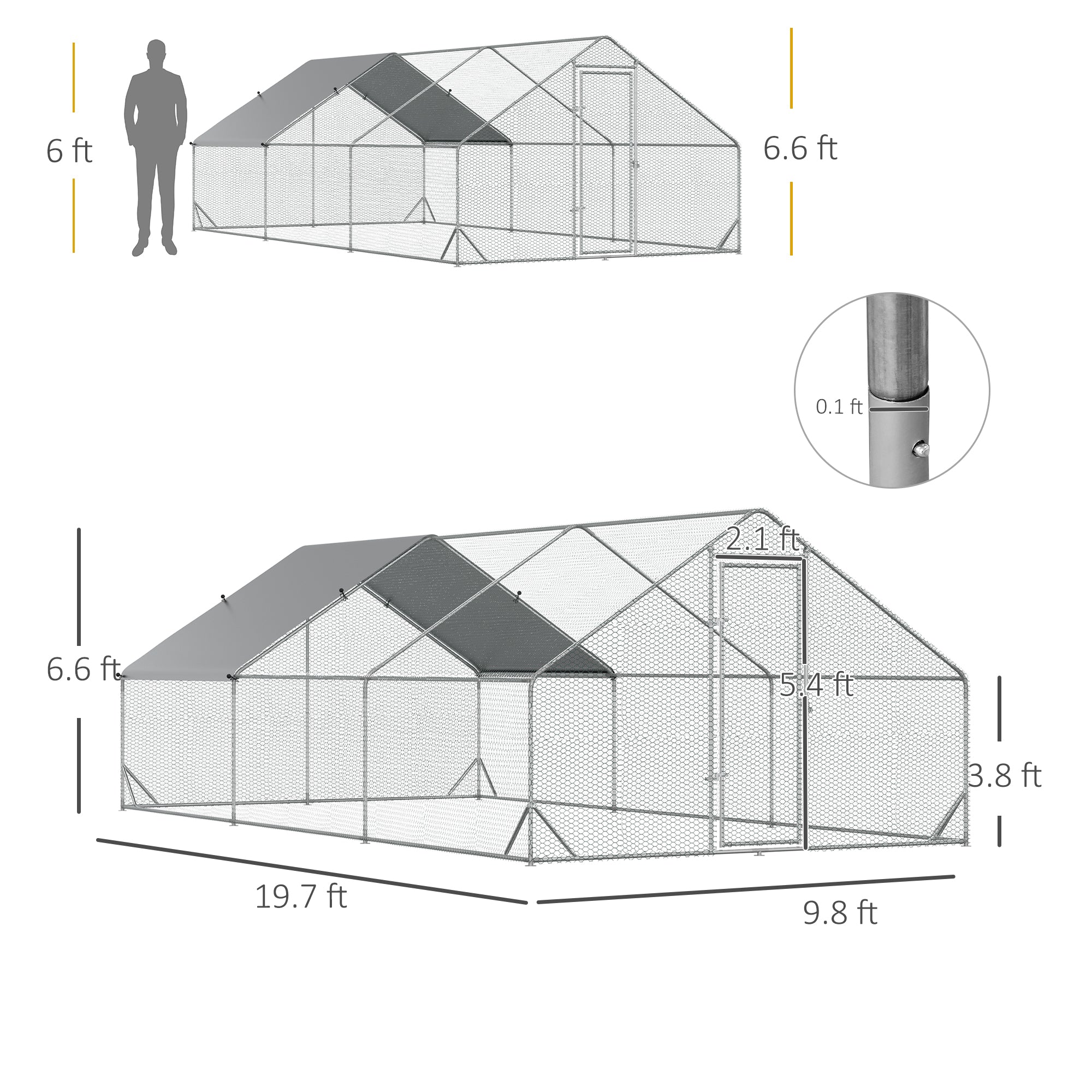 PawHut Large Chicken Coop Metal Chicken Run With Waterproof And Anti-UV Cover, Spire Shaped Walk In Fence Cage Hen House For Outdoor And Yard Farm Use, 1 Tube Diameter, 9.8 X 19.7'X 6.6