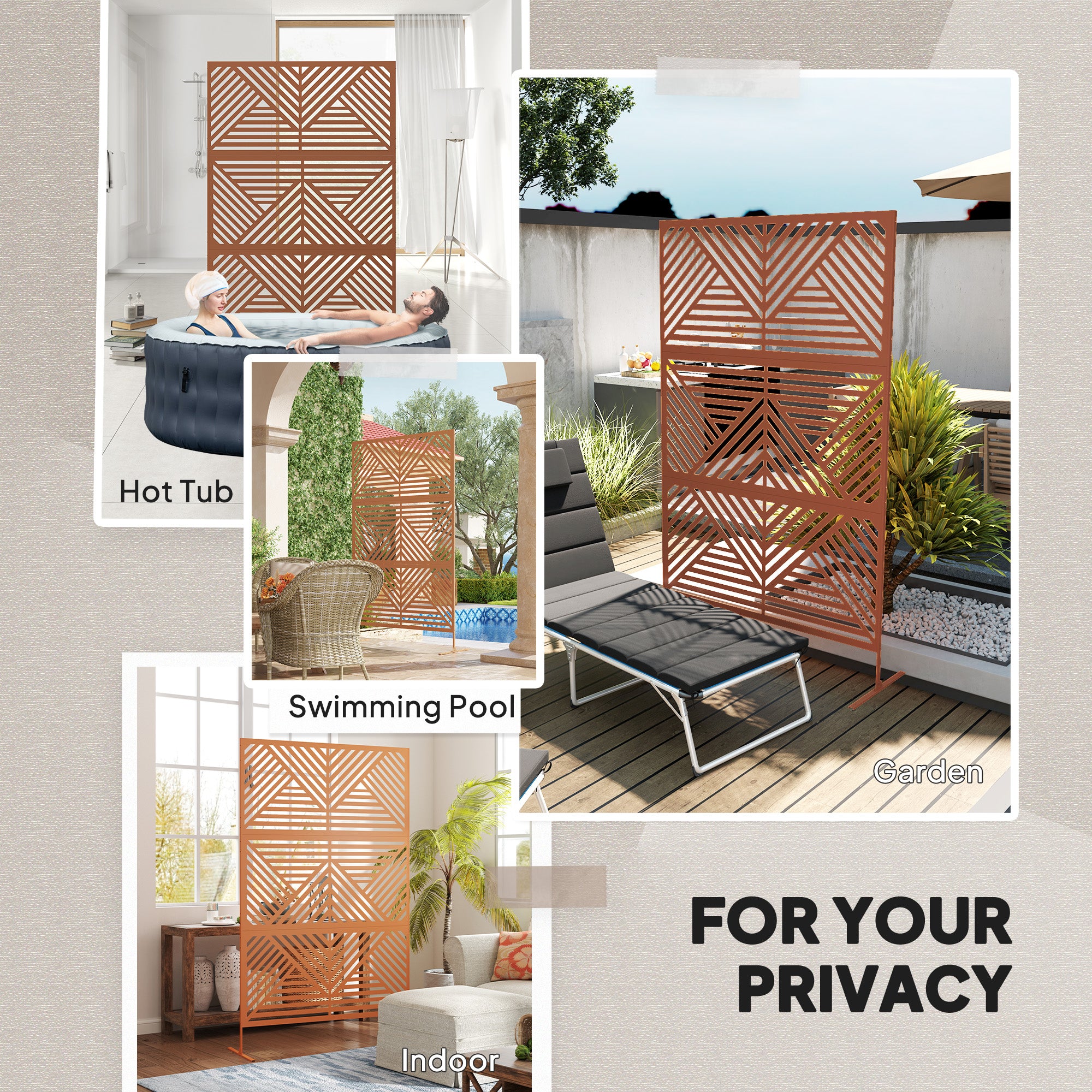 Decorative Privacy Fence Screen, Metal Outdoor Privacy Screen Climbing Plant Trellis with Stand, Rhombus Brown