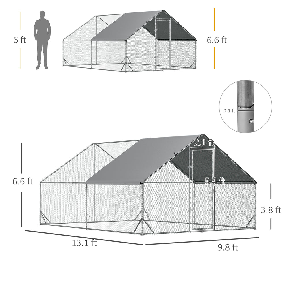 PawHut Large Chicken Coop Metal Chicken Run With Waterproof And Anti-UV Cover, Spire Shaped Walk In Fence Cage Hen House For Outdoor And Yard Farm Use, 1 Tube Diameter, 9.8X 13.1 X 6.6