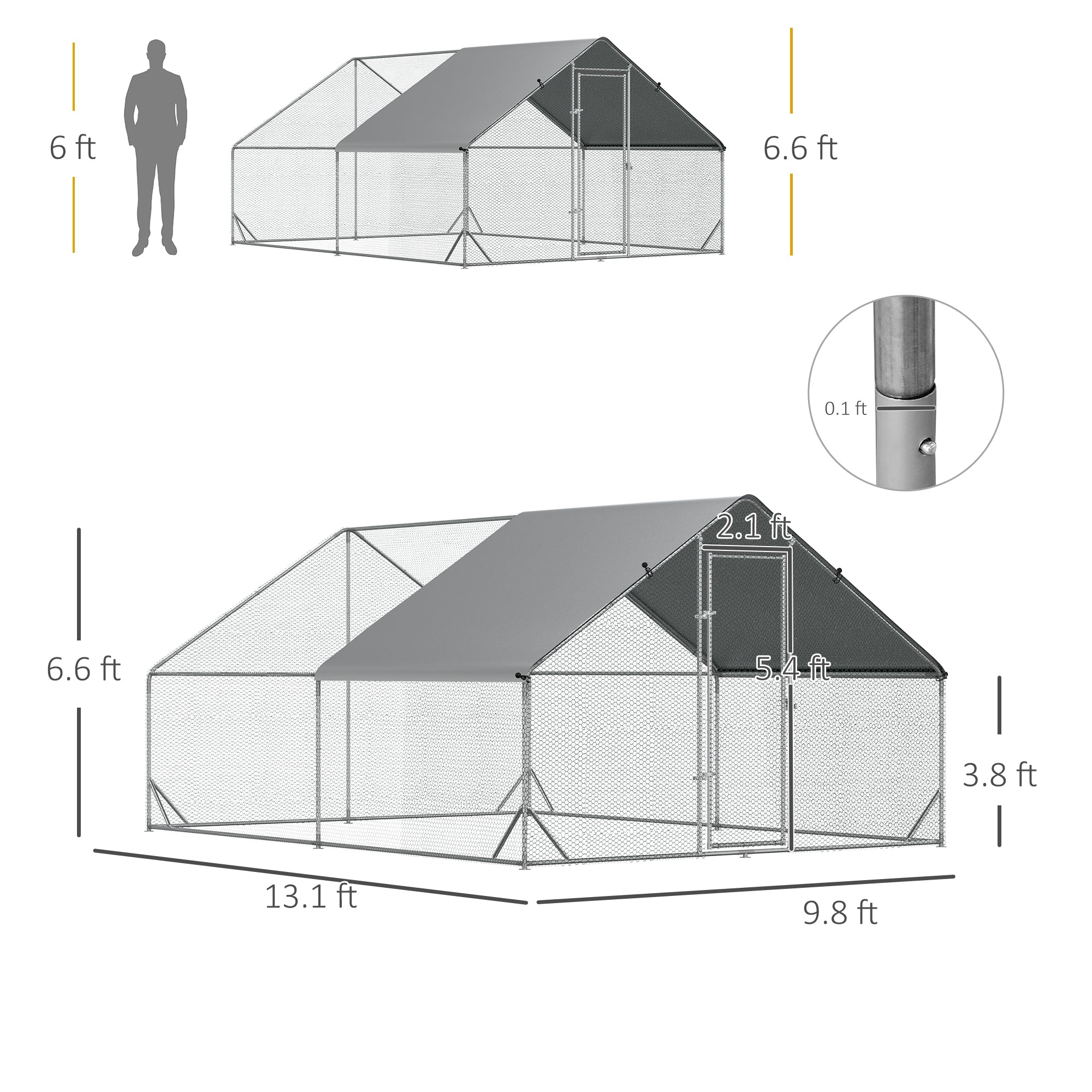 PawHut Large Chicken Coop Metal Chicken Run With Waterproof And Anti-UV Cover, Spire Shaped Walk In Fence Cage Hen House For Outdoor And Yard Farm Use, 1 Tube Diameter, 9.8X 13.1 X 6.6
