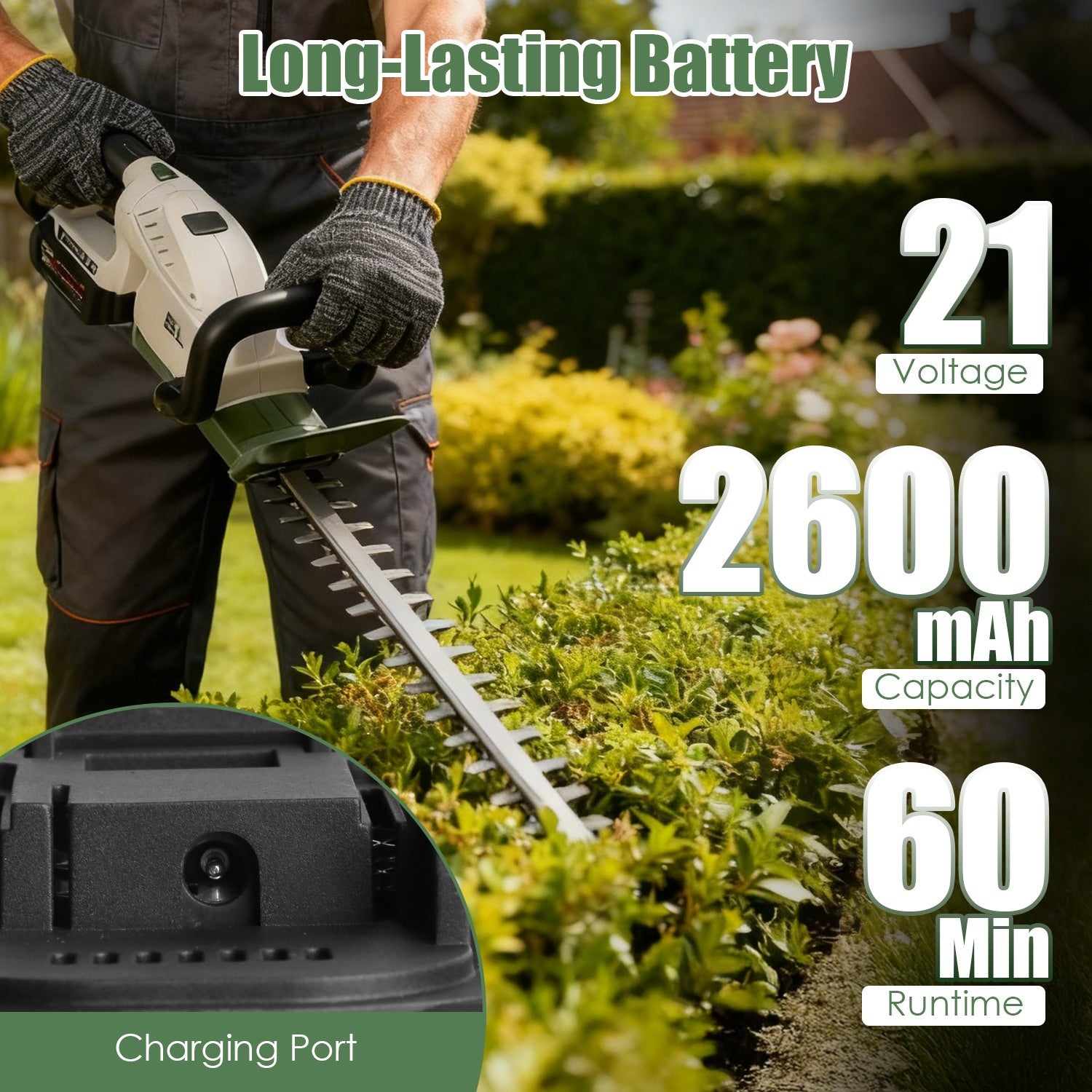 20in Cordless Hedge Trimmer For Spring Garden 21V Handheld Bush Trimmer Electric Grass Shrub Trimmer With Dual Action Blades 0.6in Cutting Diameter Safety Lock 90 Degree Adjustable Handle For Spring