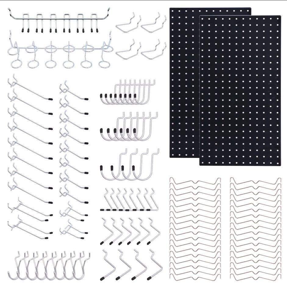 108-Piece Black Wall Management Kit, Including Pegboard And Hooks In Multiple Sizes, Ideal For Organizing Garages, Workshops, And Storage Rooms